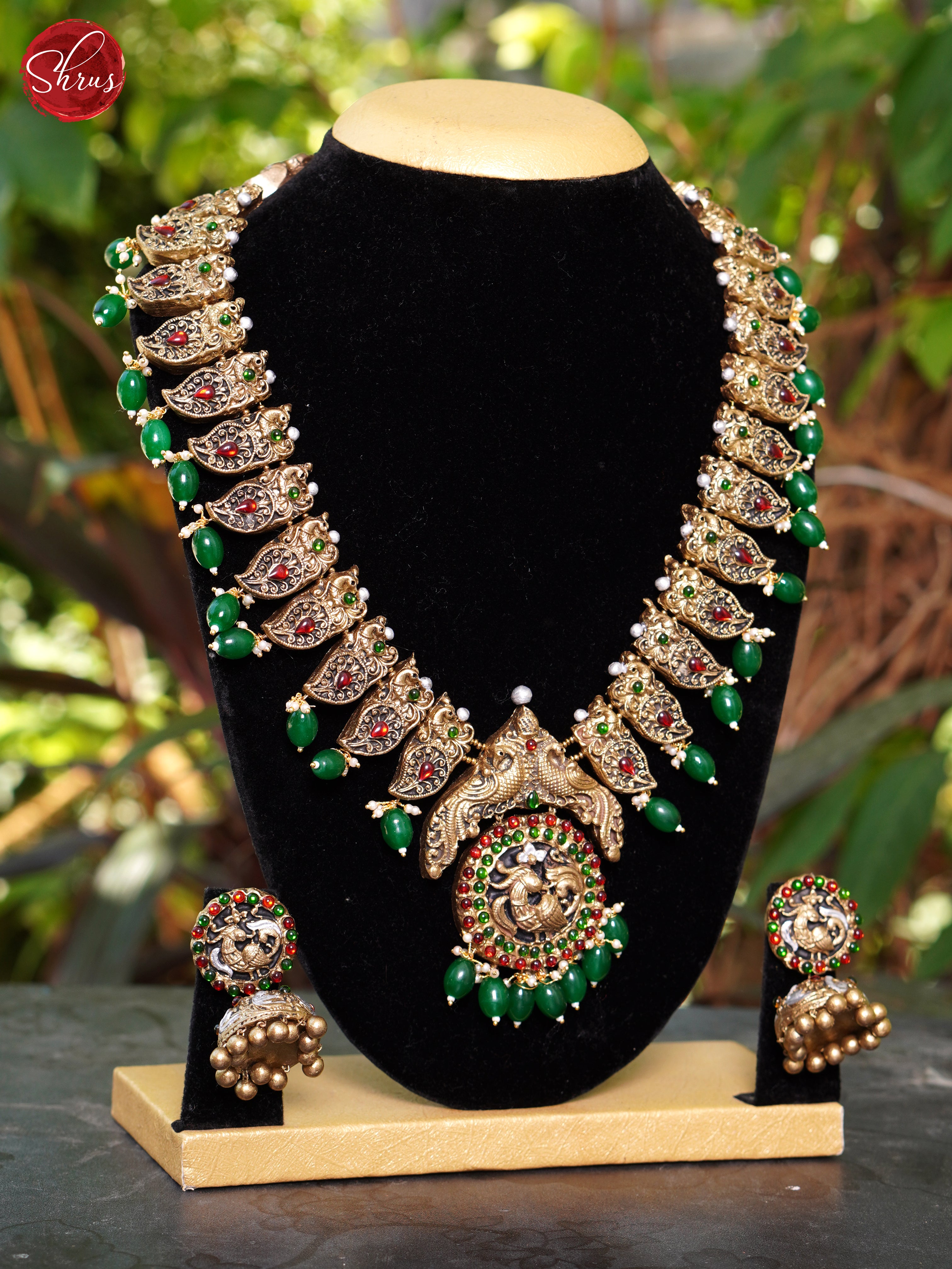 Handmade Peacock Terracotta necklace with Jhumkas - Accessories - Shop on ShrusEternity.com