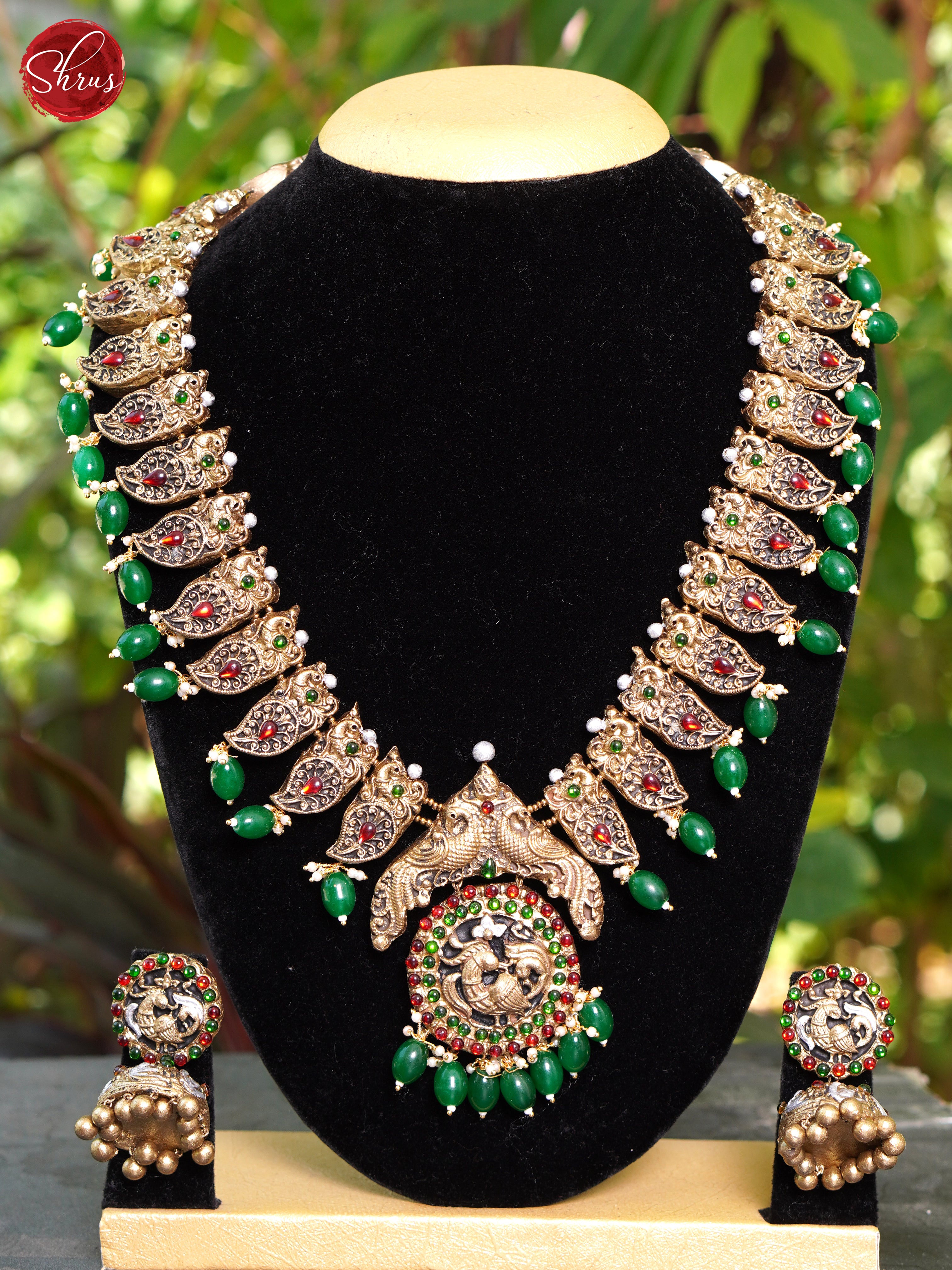 Handmade Peacock Terracotta necklace with Jhumkas - Accessories - Shop on ShrusEternity.com