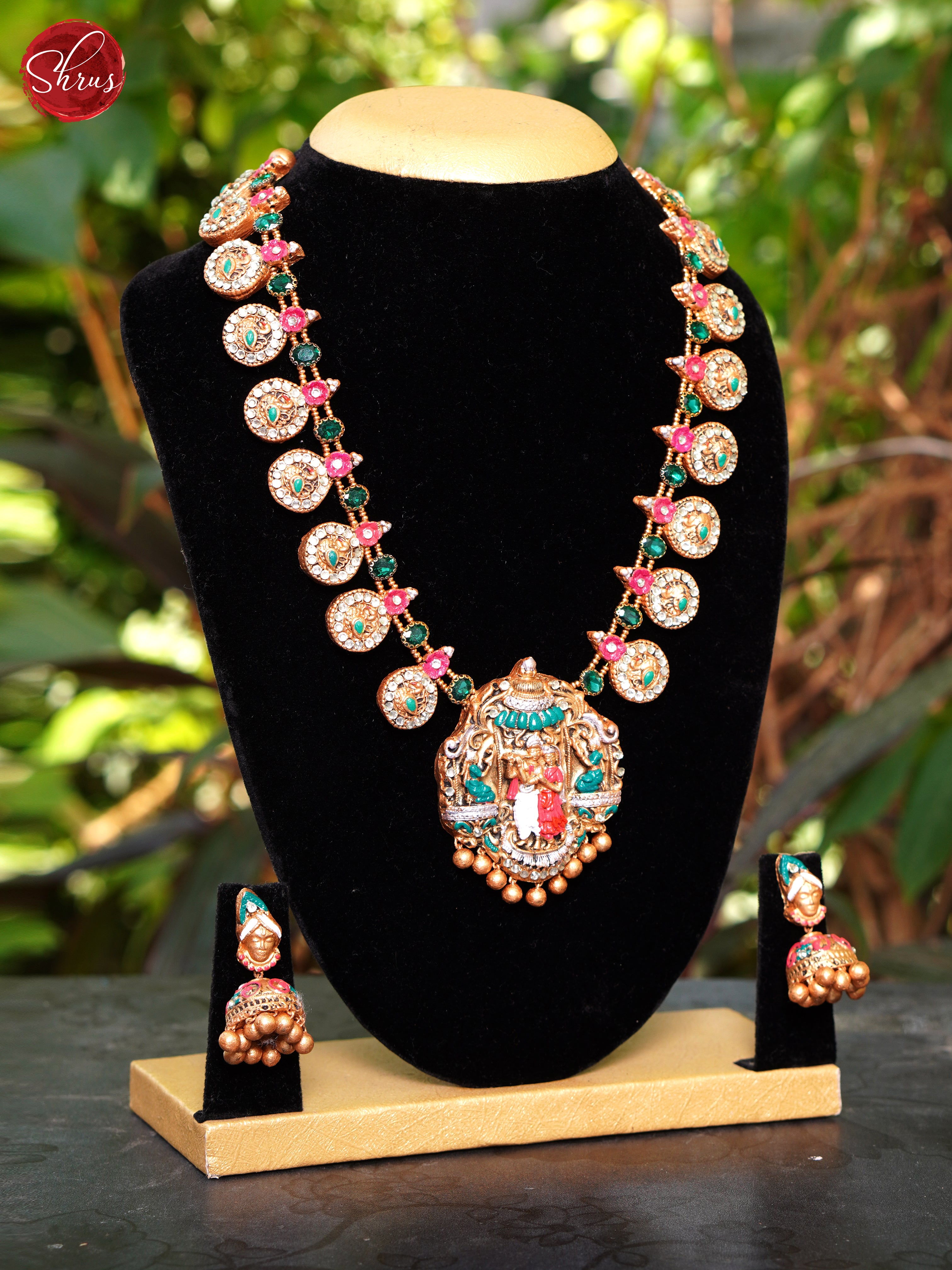Handcrafted radhekrishna pendant terracotta necklace with jhumkas - Accessories - Shop on ShrusEternity.com