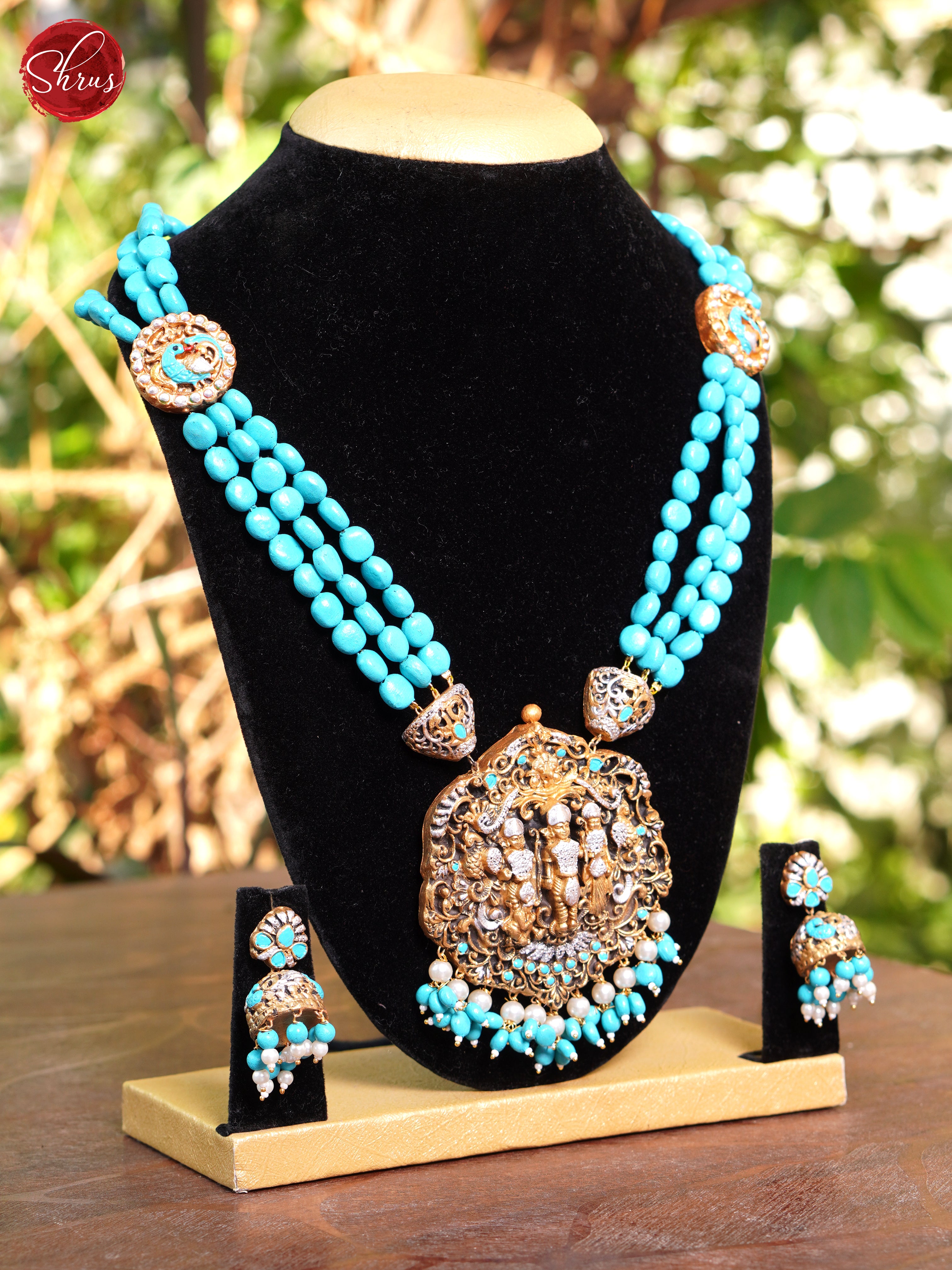 Hand Crafted Ram Parivar pendant terra cotta necklace with jhumkas- Accessories - Shop on ShrusEternity.com