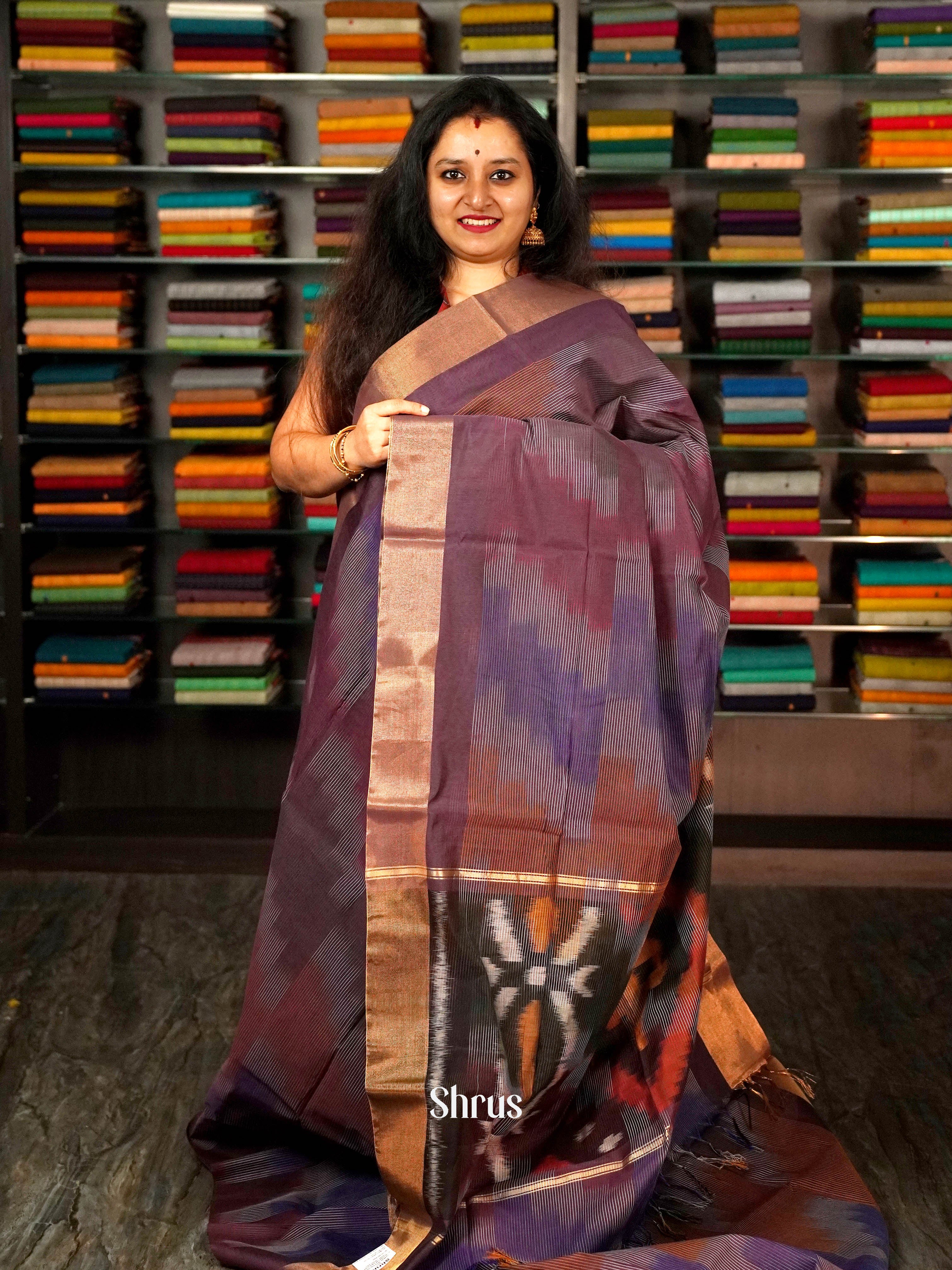 Brown & Purple  - Ikkat Kora Saree