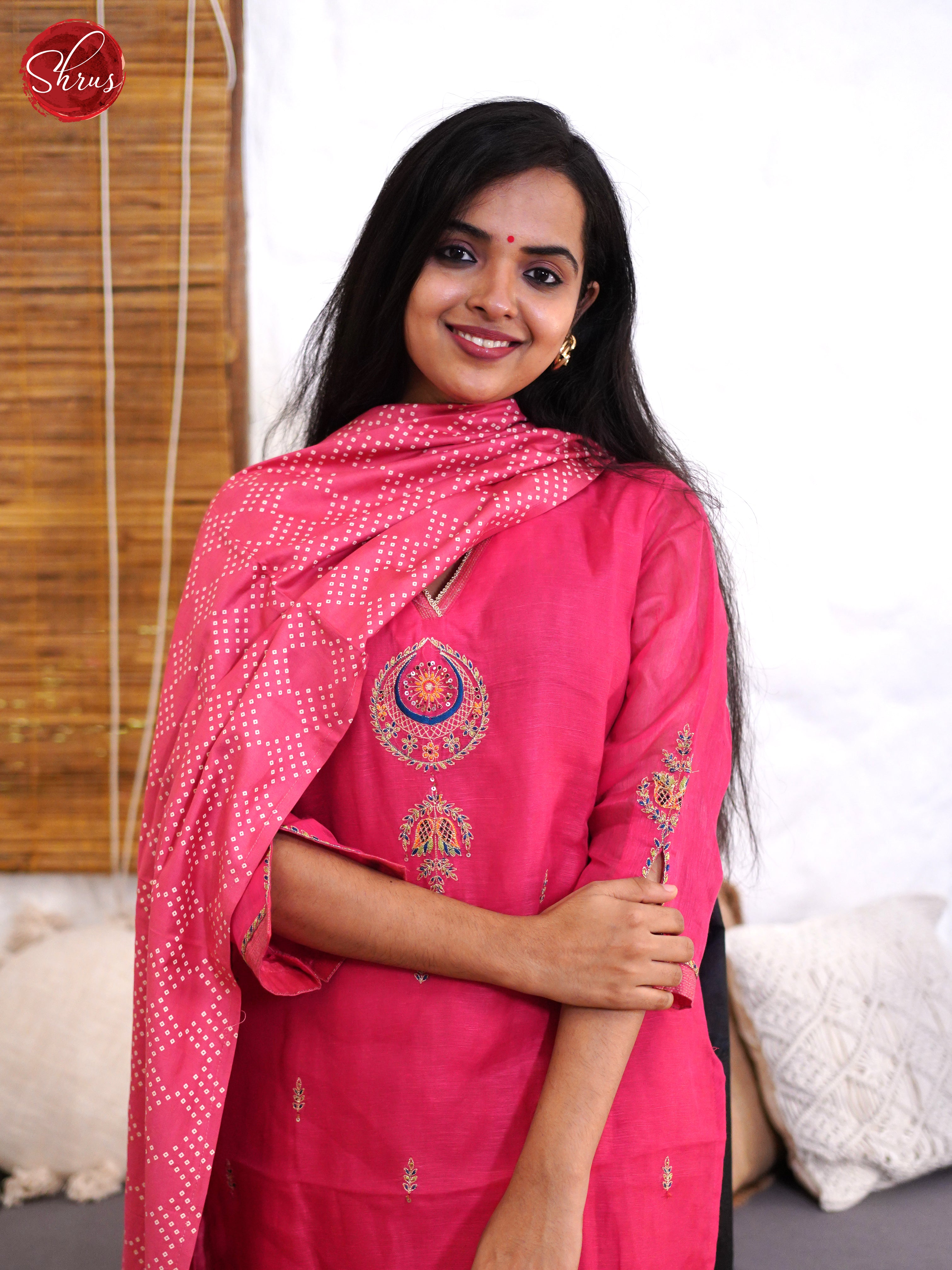 Red - Tussar V-NEck embroidered 3-pc Salwar - Shop on ShrusEternity.com
