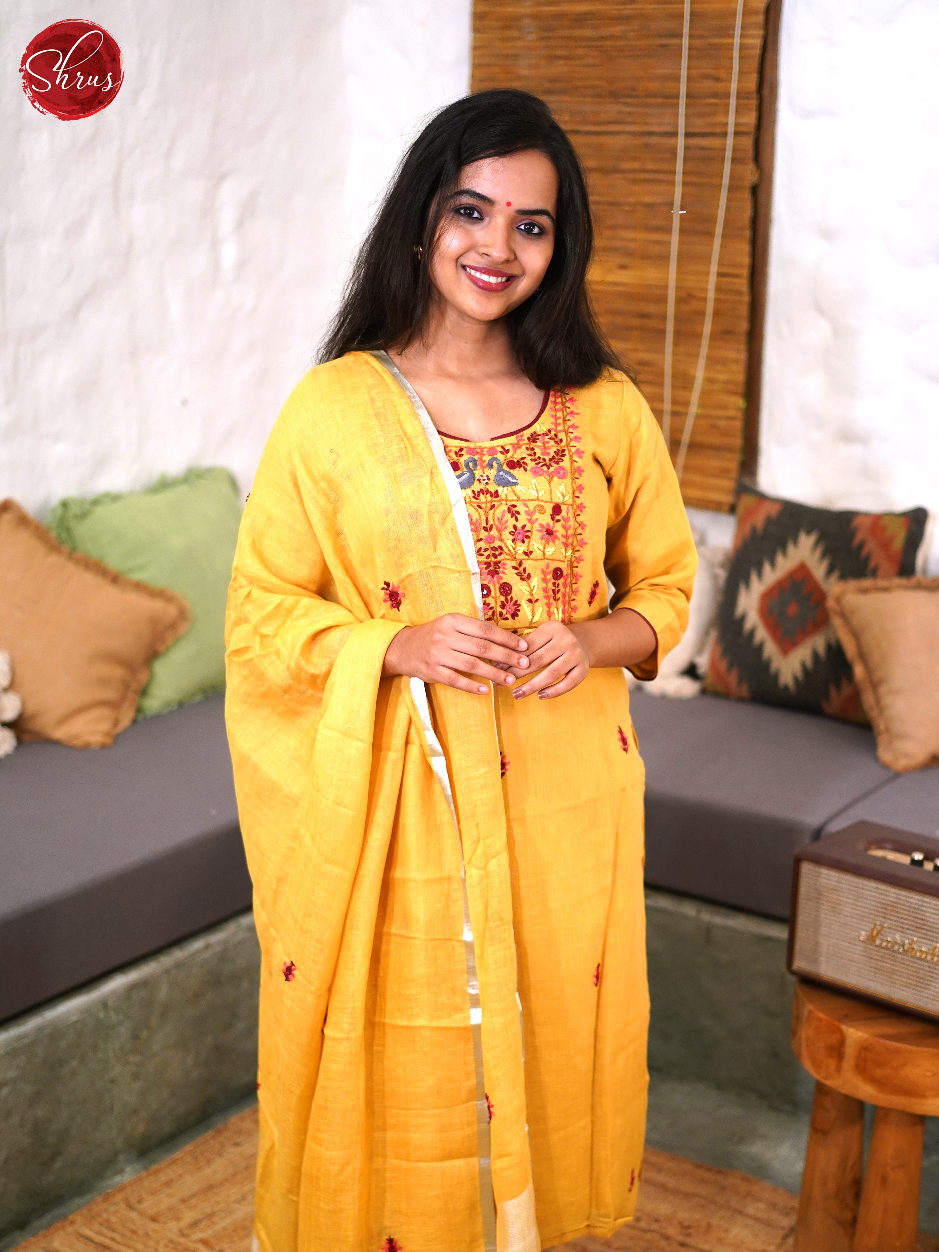 Pastel Yellow - 3-pc Linen thread work Salwar - Shop on ShrusEternity.com