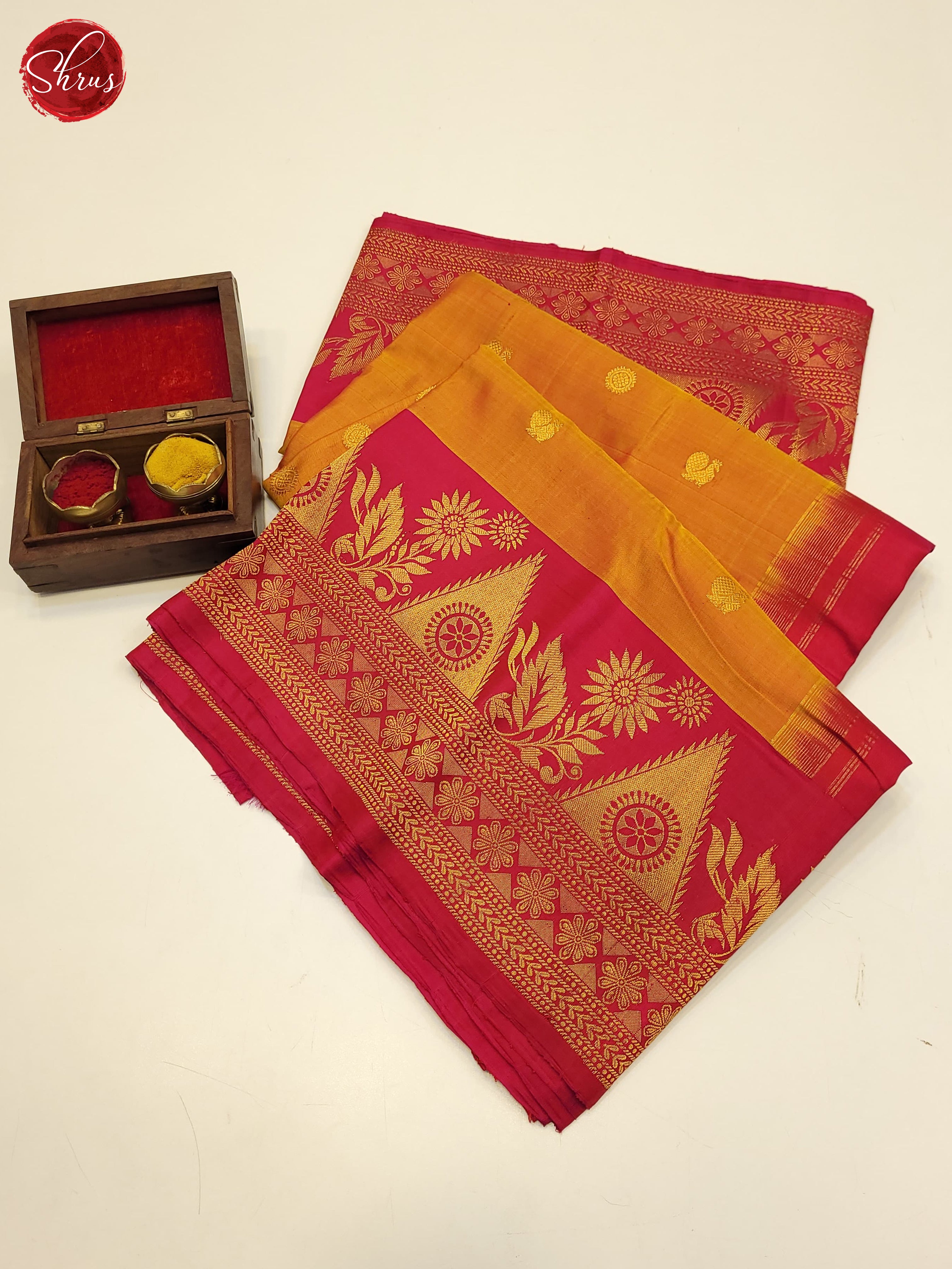 Mango Yellow & Pink - Gadwal Silk with Zari woven floral ,peacock buttas on the Body & Zari Border - Shop on ShrusEternity.com
