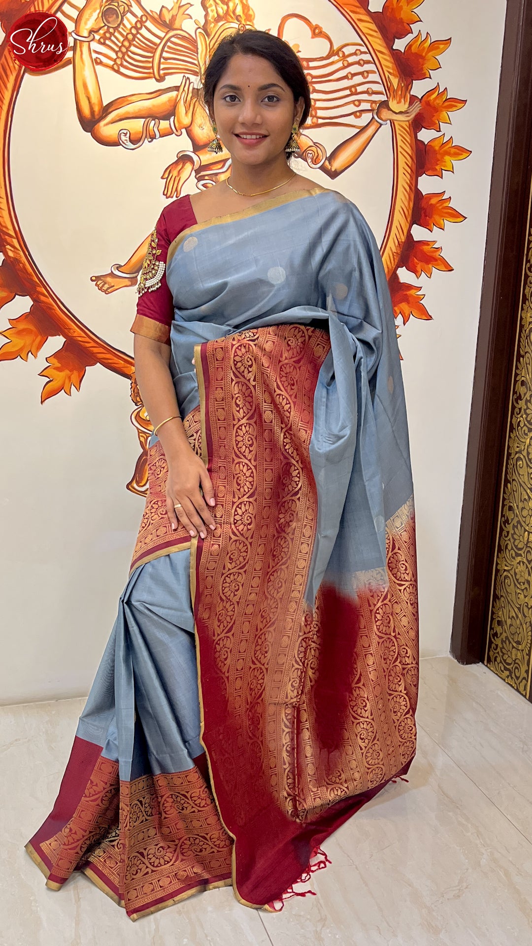 Silverish Grey & Maroon - Soft Silk Saree with body small Zari motifs & Turning floral zari border - Shop on ShrusEternity.com