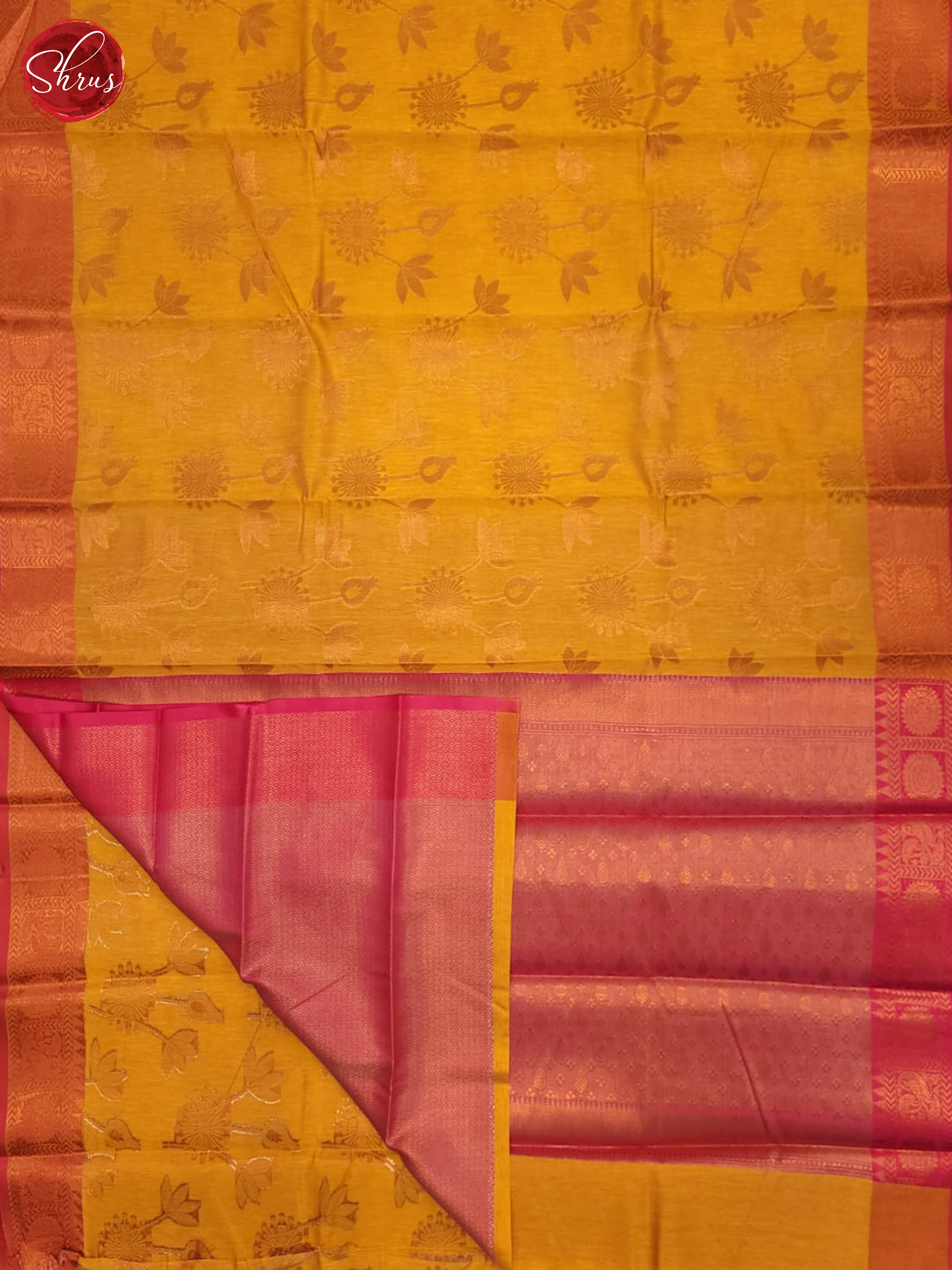Yellow & Pink  - Semi Jute Saree - Shop on ShrusEternity.com
