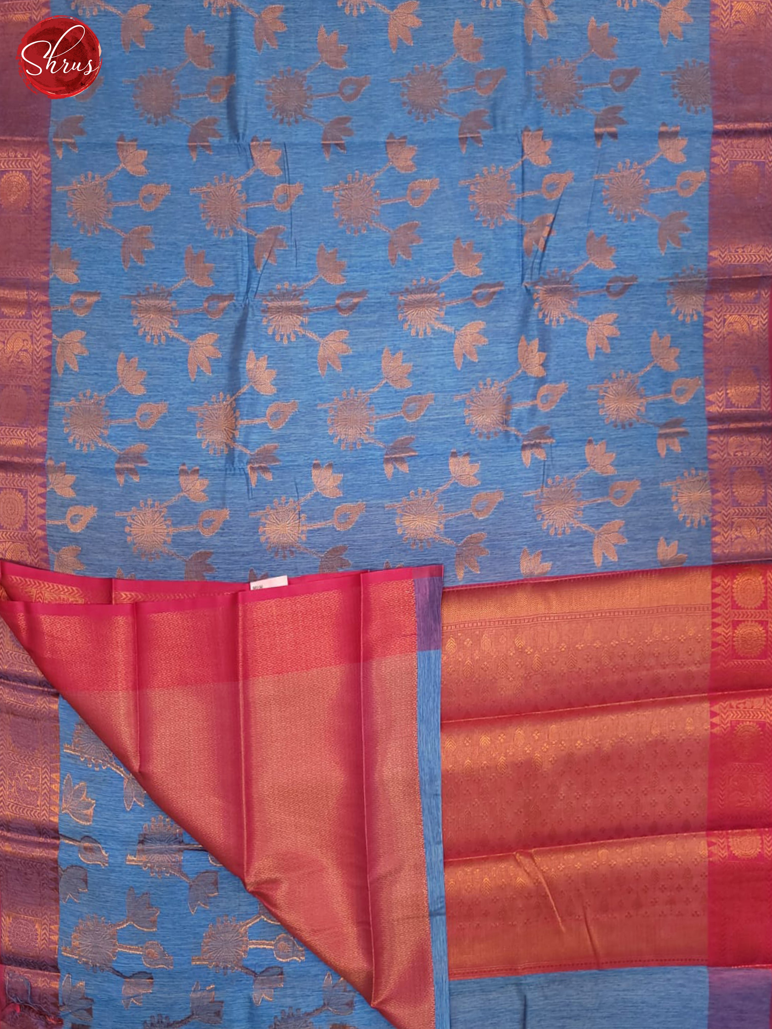 Blue & Pink  - Semi Jute Saree - Shop on ShrusEternity.com