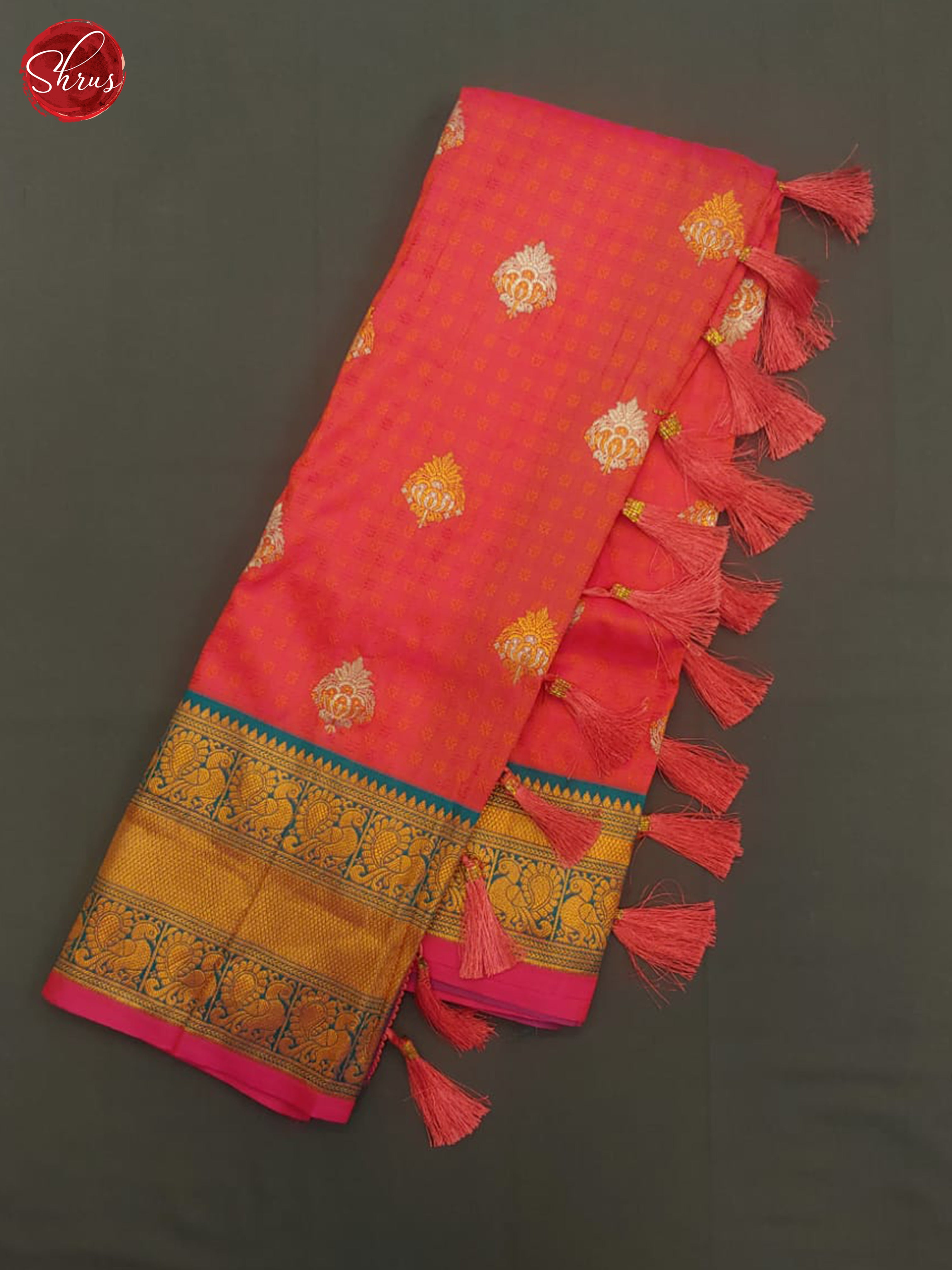 Orangish Pink  & Blue  - Semi kanchipuram saree - Shop on ShrusEternity.com