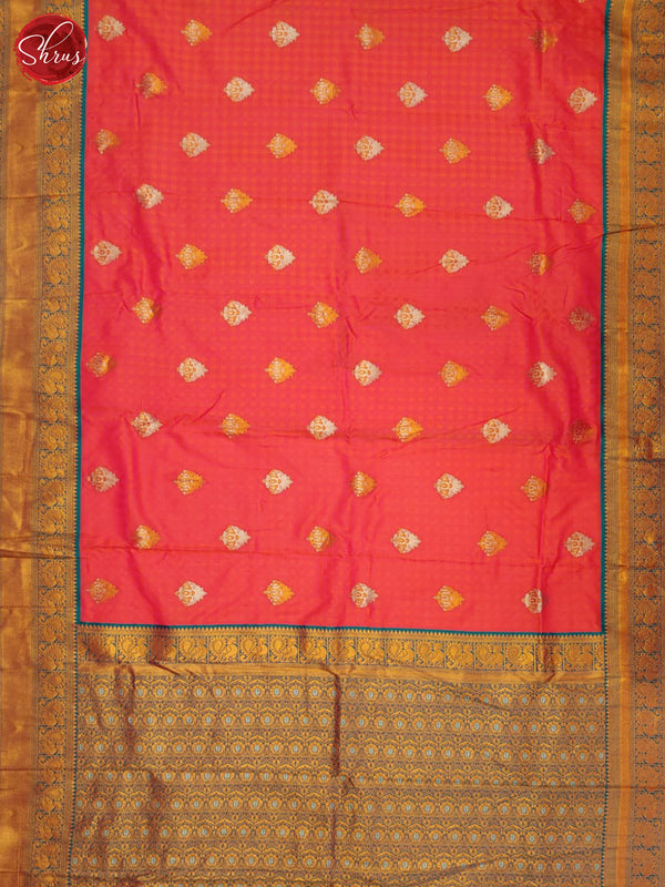 Orangish Pink  & Blue  - Semi kanchipuram saree - Shop on ShrusEternity.com