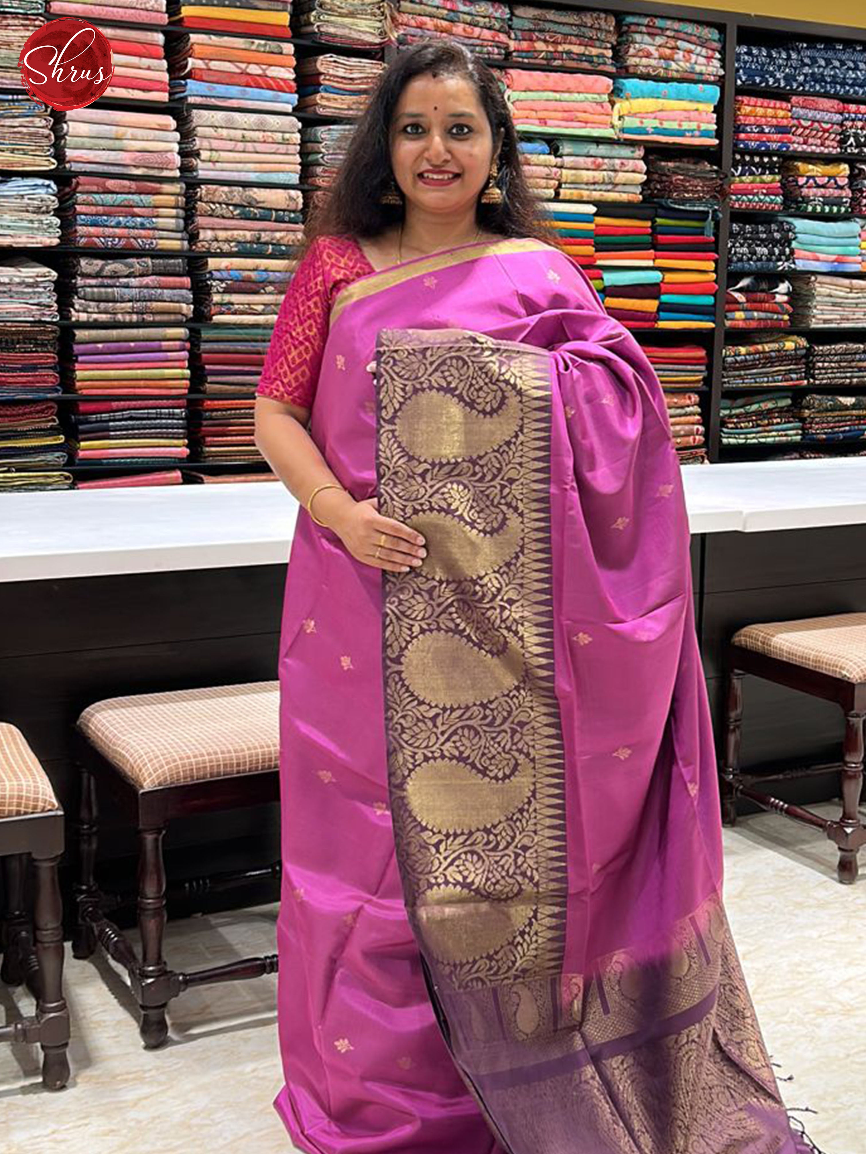 Pink & Wine- Soft Silk Saree with zari woven buttas on the body & Contrast Zari Border - Shop on ShrusEternity.com