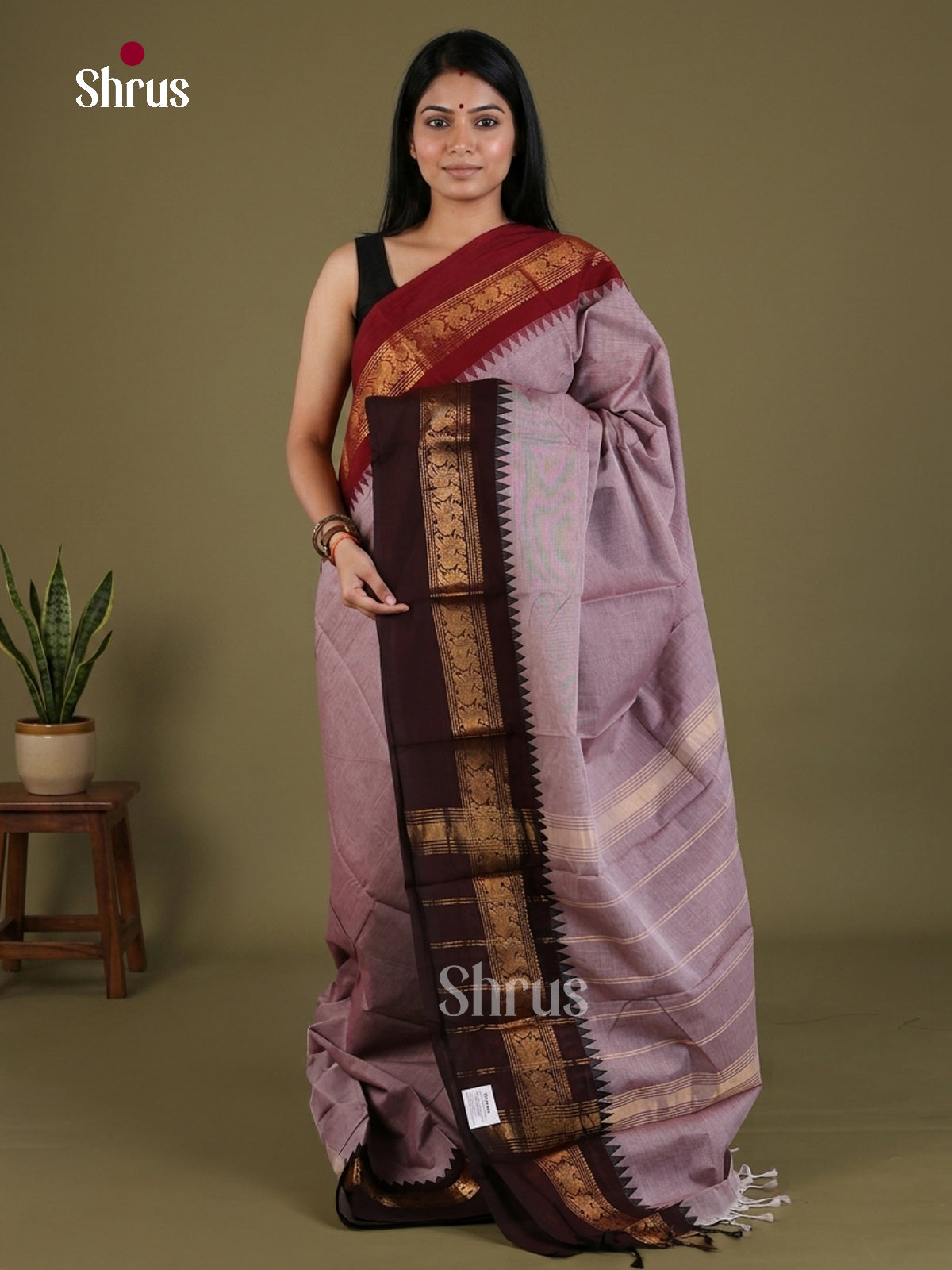 Adorable Mauve Chettinad Cotton Saree With Plain Body & Ganga Jamuna Temple Zari Border