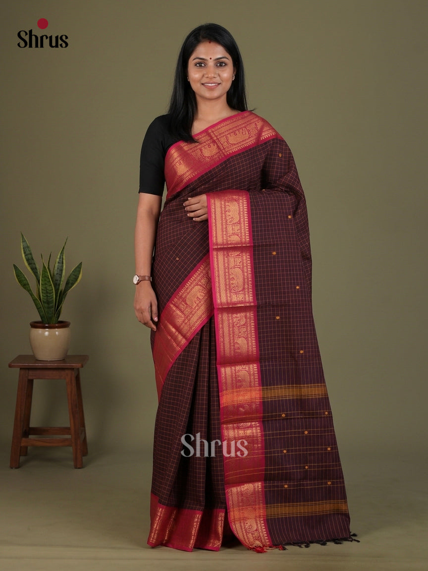 Adorable Wine Chettinad Cotton Saree With Checks, Small Buttas & Pink Zari Border