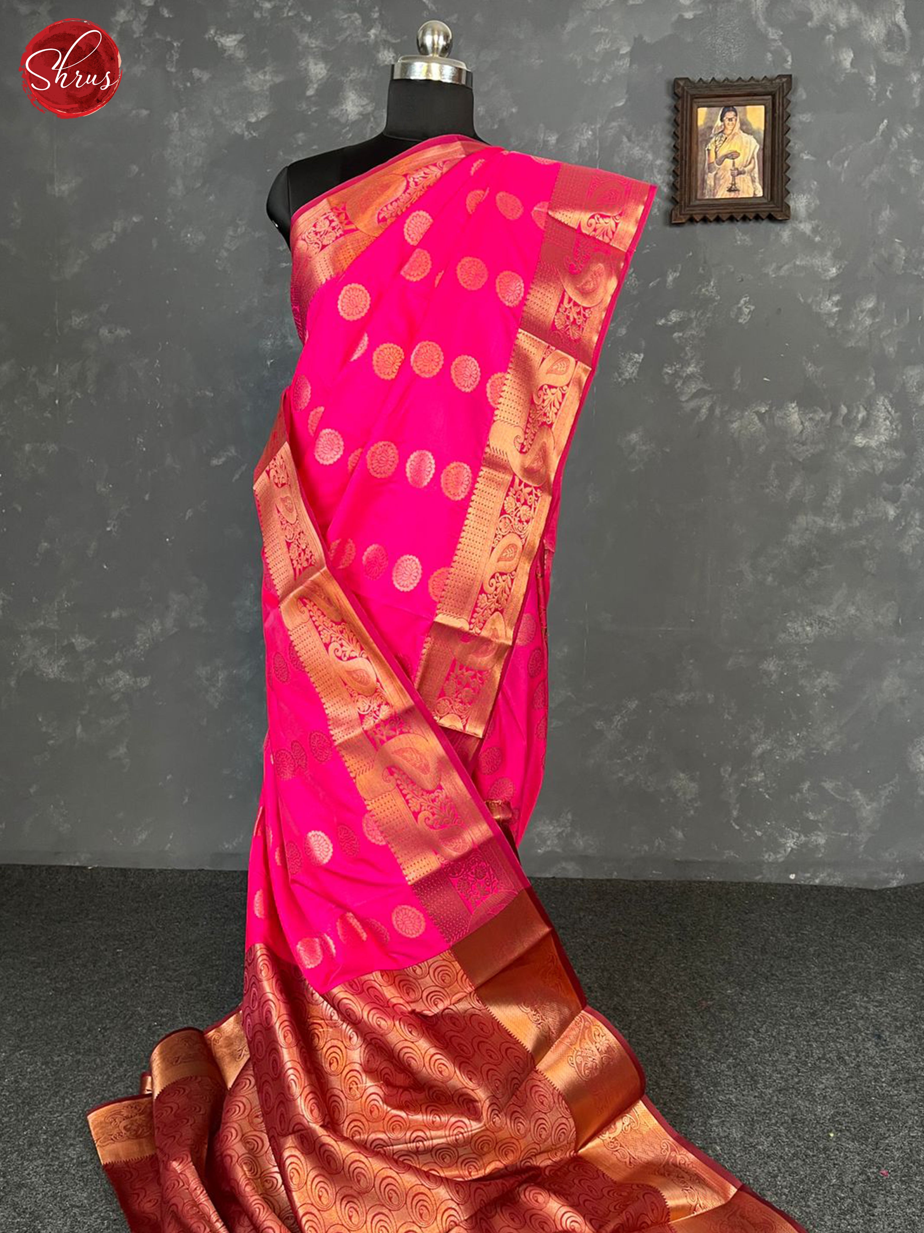 Pink & Brown - Semi Kanchipuram Silk with Zari woven floral motifs on the body & Gold Zari Border - Shop on ShrusEternity.com