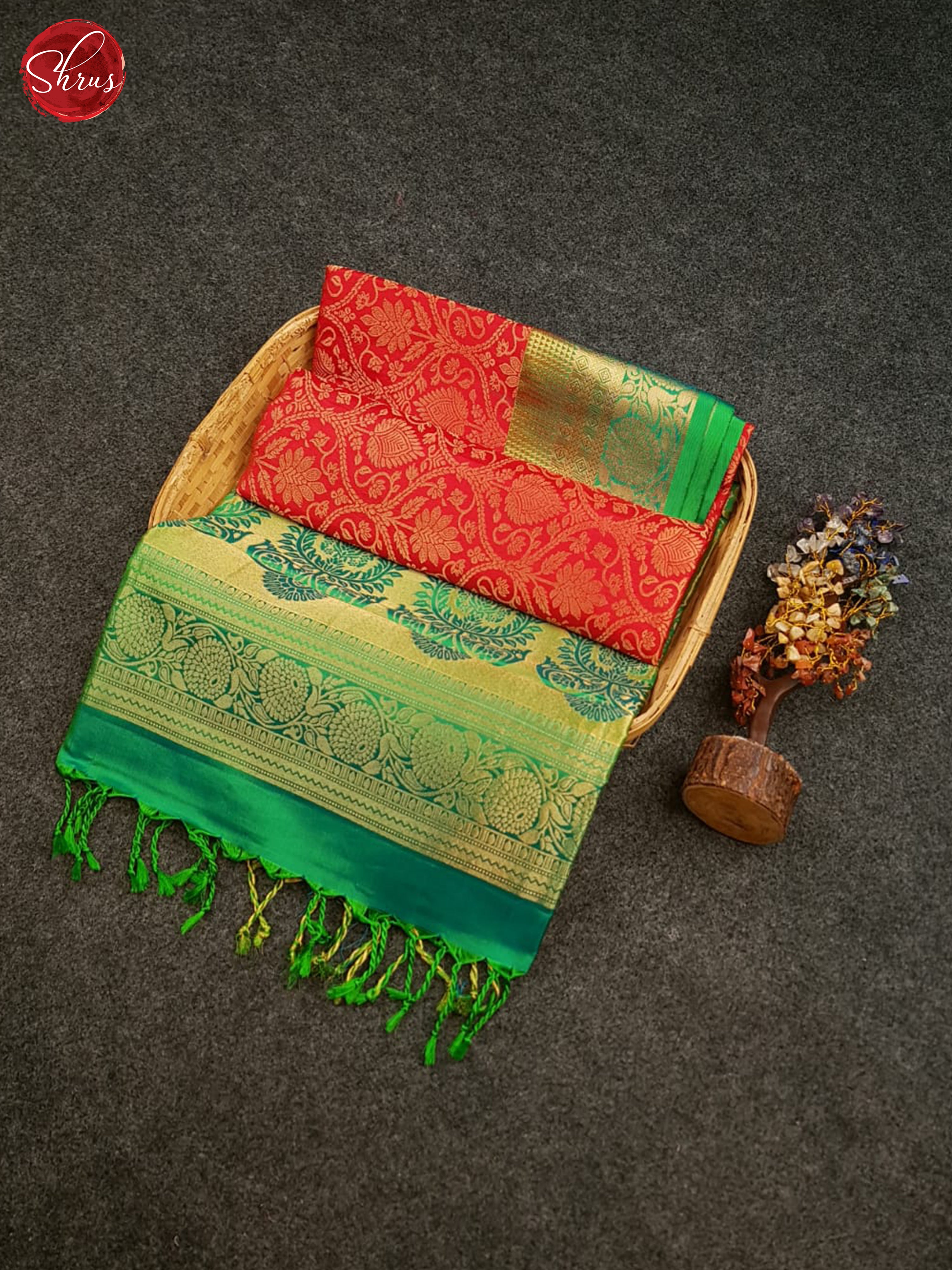 Red & Green - Soft Silk Saree with zari woven floral nestling brocade on the body & Contrast Zari Border - Shop on ShrusEternity.com