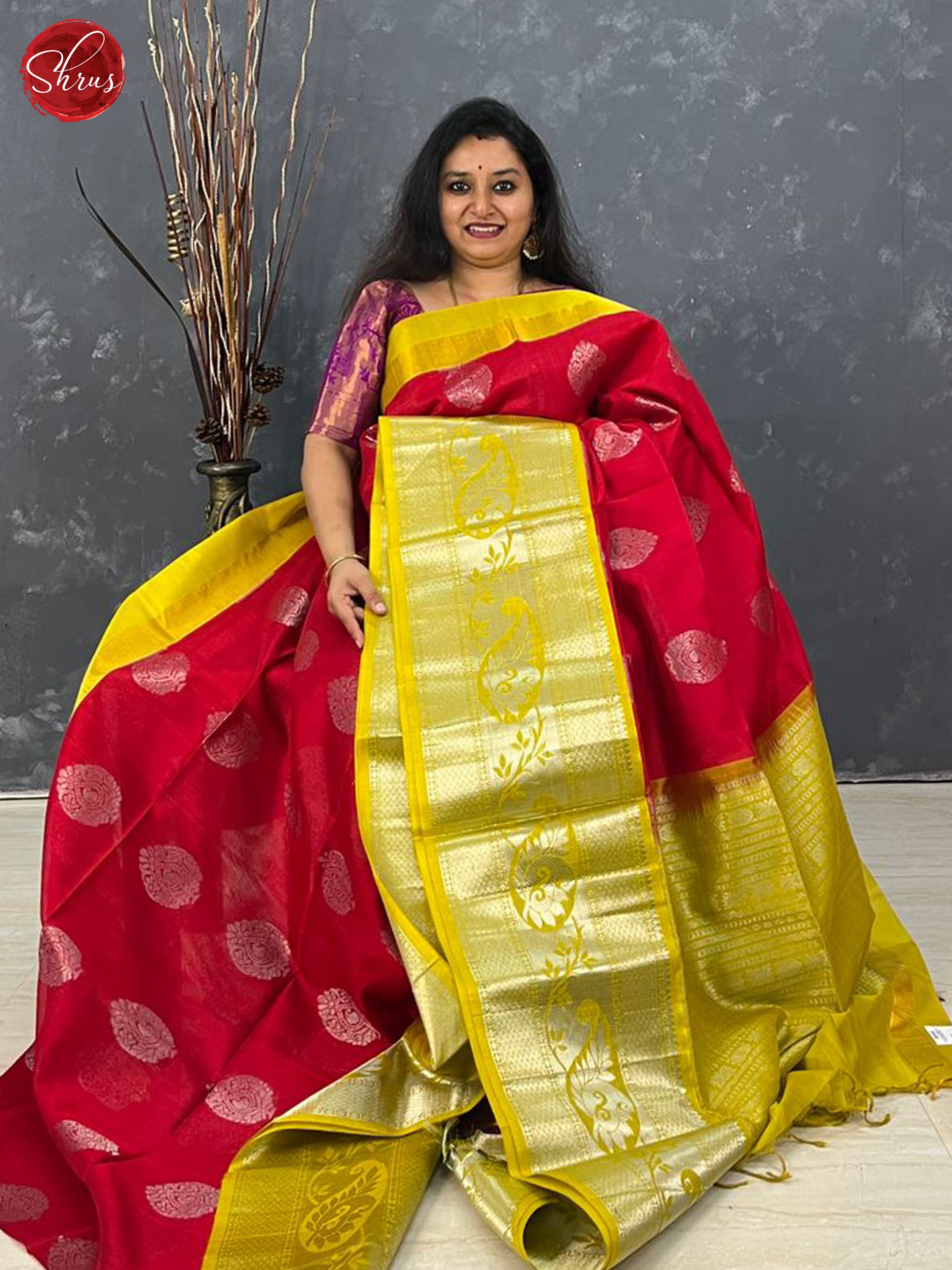 Red & Lime Yellow - Silk Cotton with zari woven floral motifs  on the body & Contrast Zari Border - Shop on ShrusEternity.com