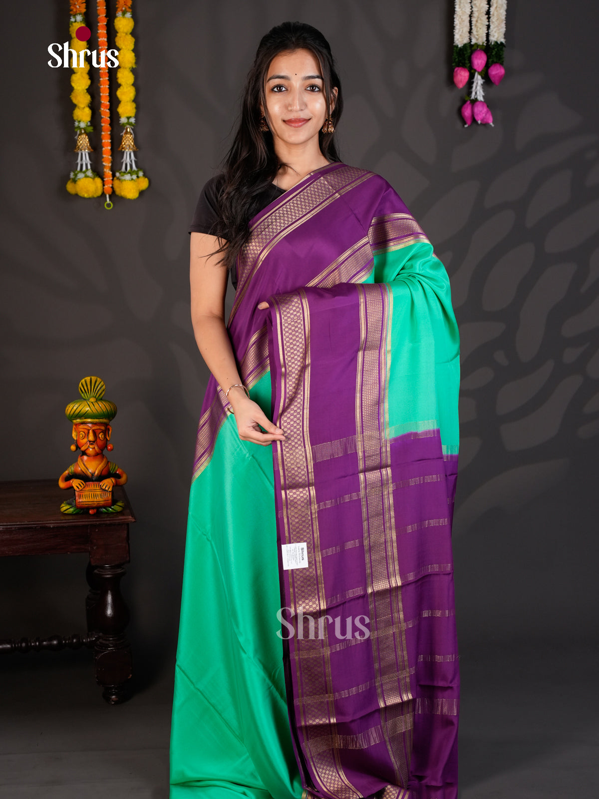 Buy Serene Aqua Green Mysore Silk Saree With Broad Purple Rettaipet Zari Border & Chit Pallu
