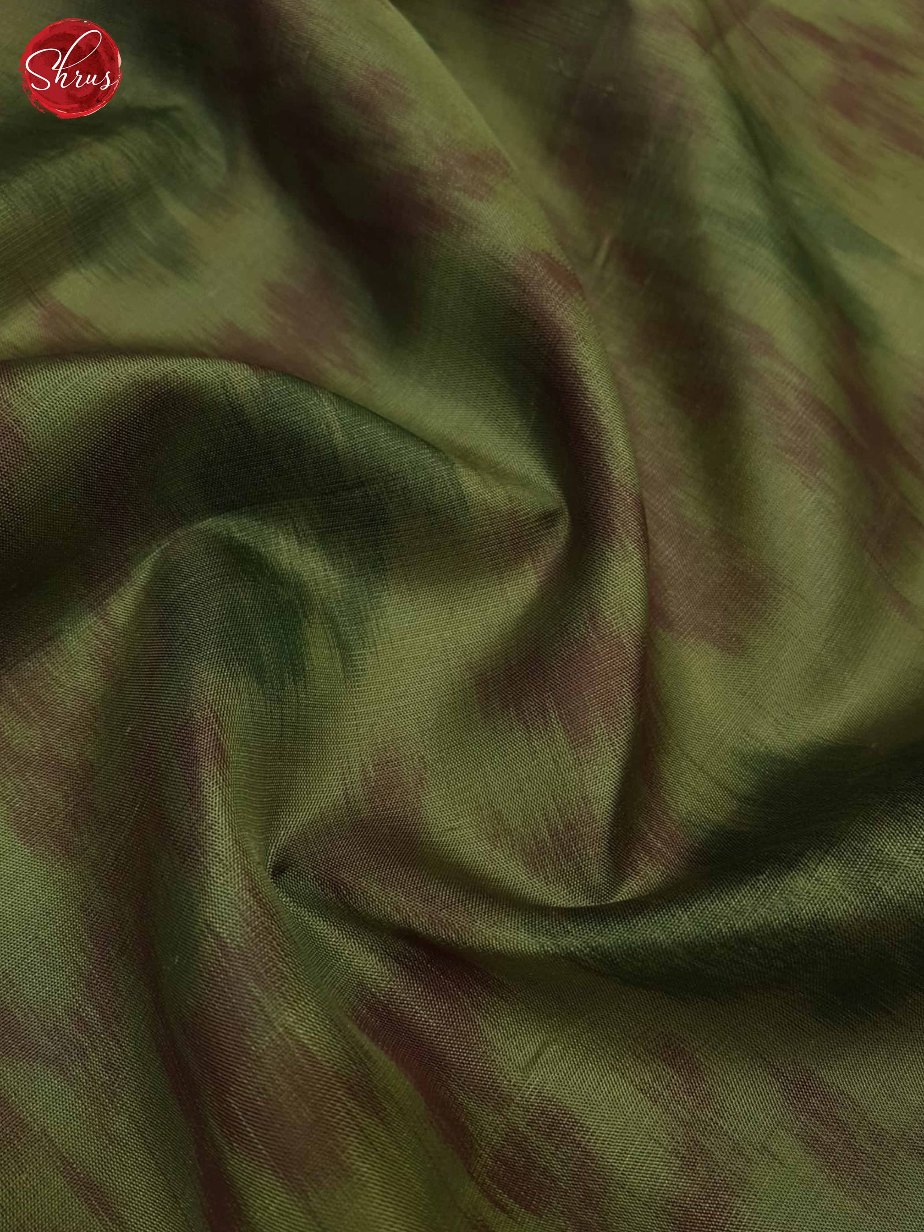 Artistic Olive Green Silk Sarees With Ikat Pattern, Red Temple Border & Brocade Pallu