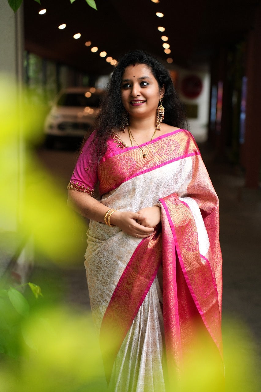 Cream & Pink- Semi Kanchipuram Saree with checkered Rudraksha & Peacock body patterns & with Gold zari borders - Shop on ShrusEternity.com