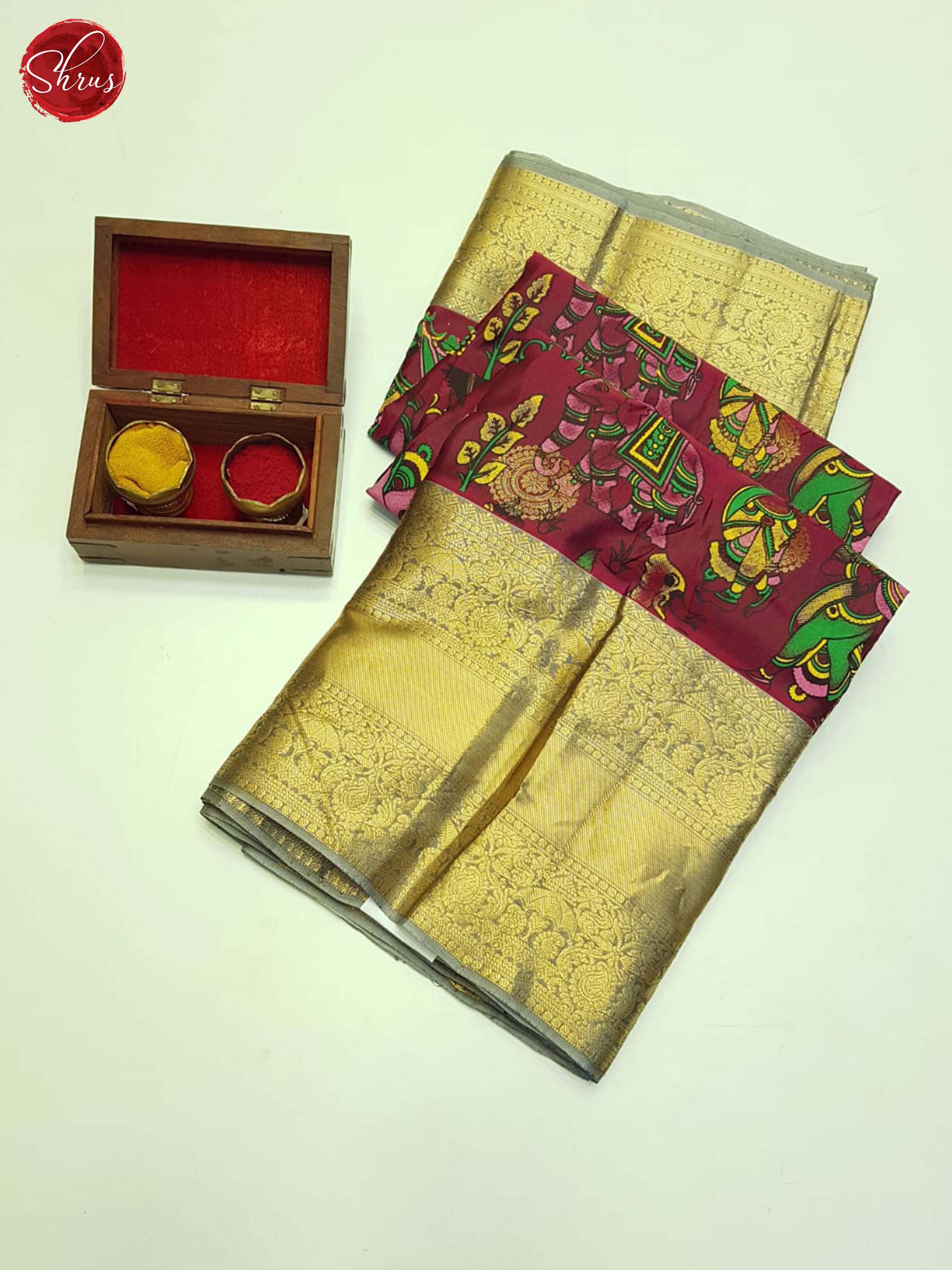 Maroon & Grey - Kanchipuram Silk with zari woven floral motifs on the   body & Zari Border - Shop on ShrusEternity.com