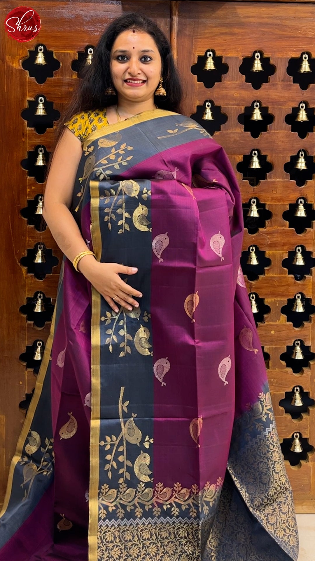 Wine & Grey - Soft Silk Saree with zari woven birds motifs on the body & contrast Border - Shop on ShrusEternity.com