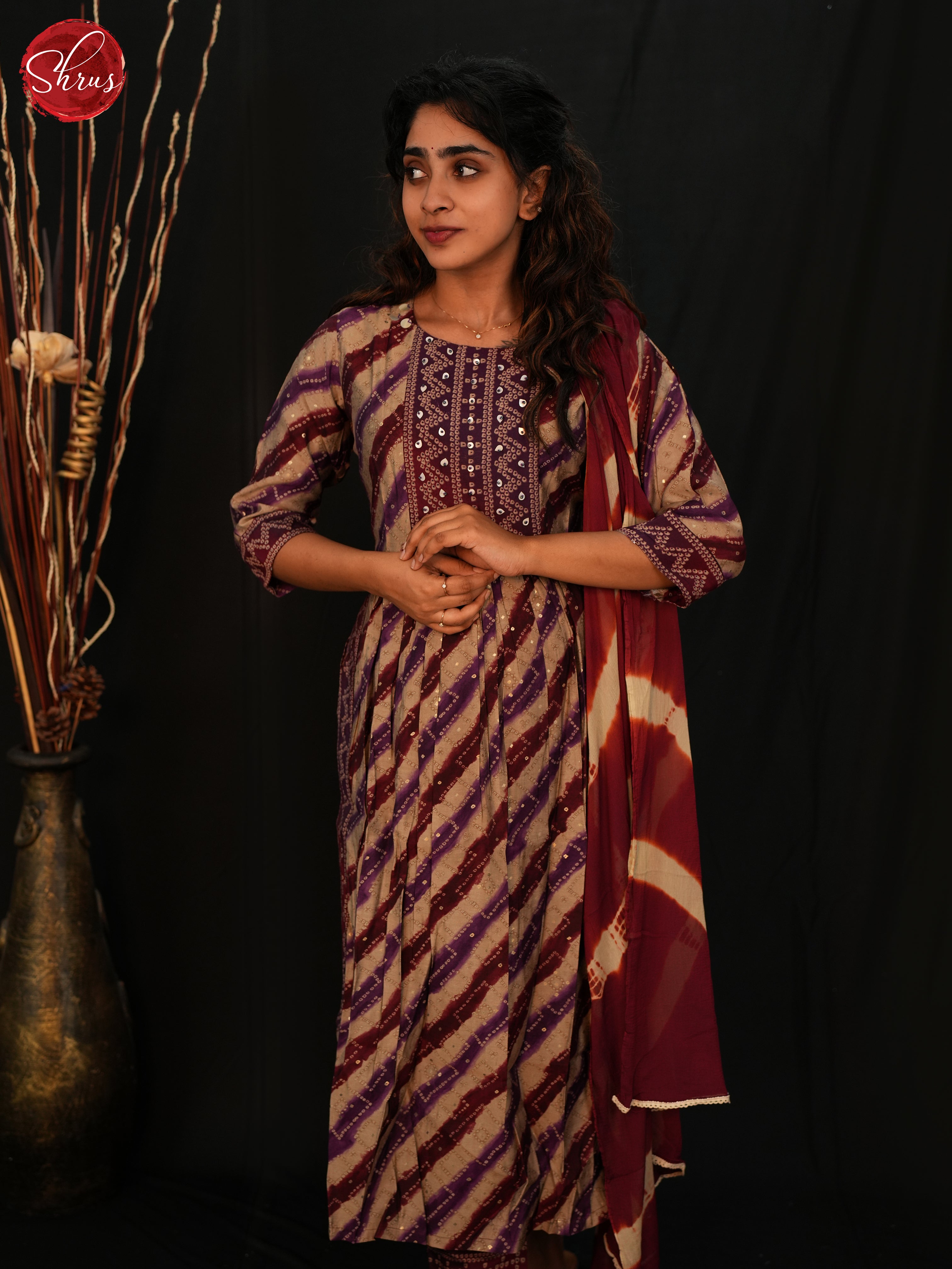 Deep Wine & Cream - Readymade Salwar Suit with striped  print - Shop on ShrusEternity.com