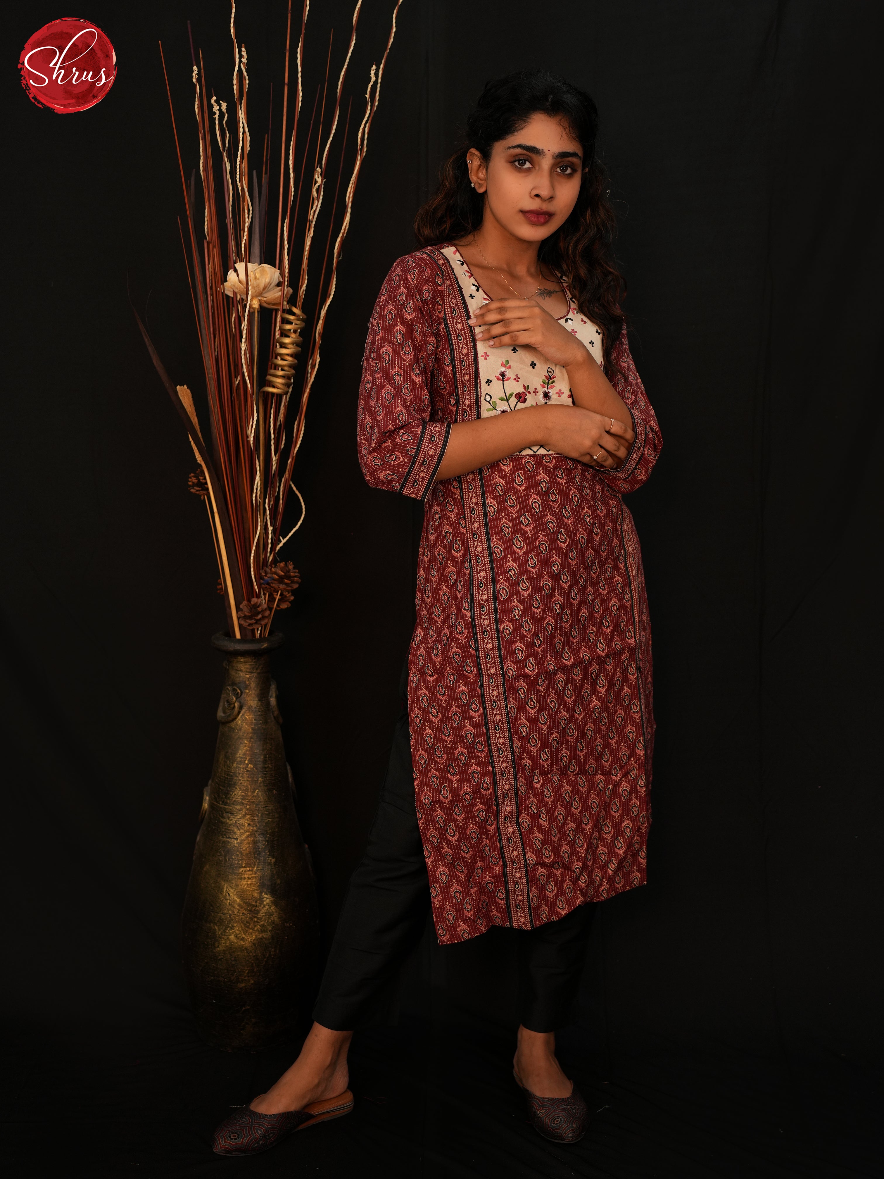 Brown & White - Readymade Cotton Straight Kurti with floral print - Shop on ShrusEternity.com