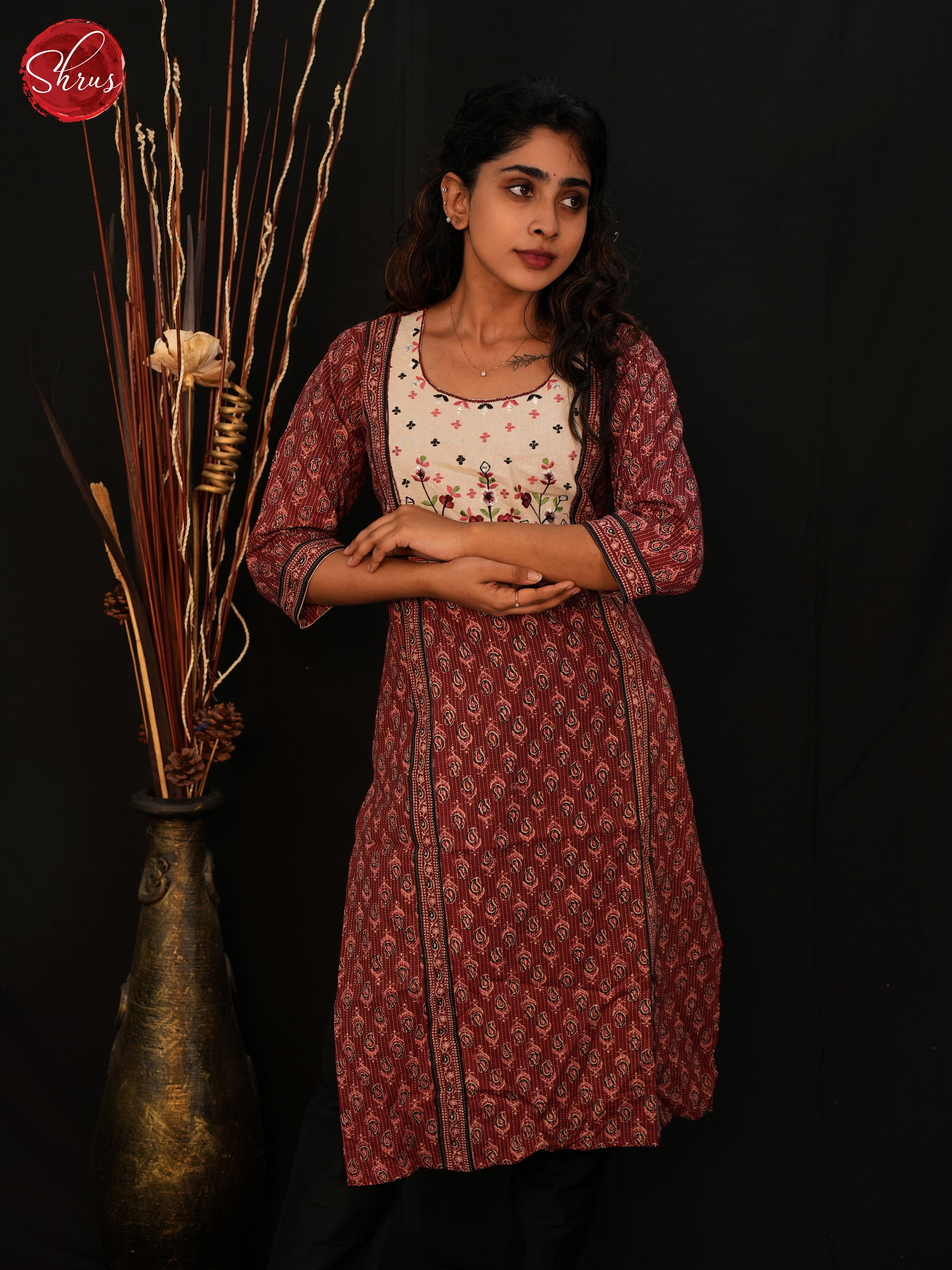 Brown & White - Readymade Cotton Straight Kurti with floral print - Shop on ShrusEternity.com
