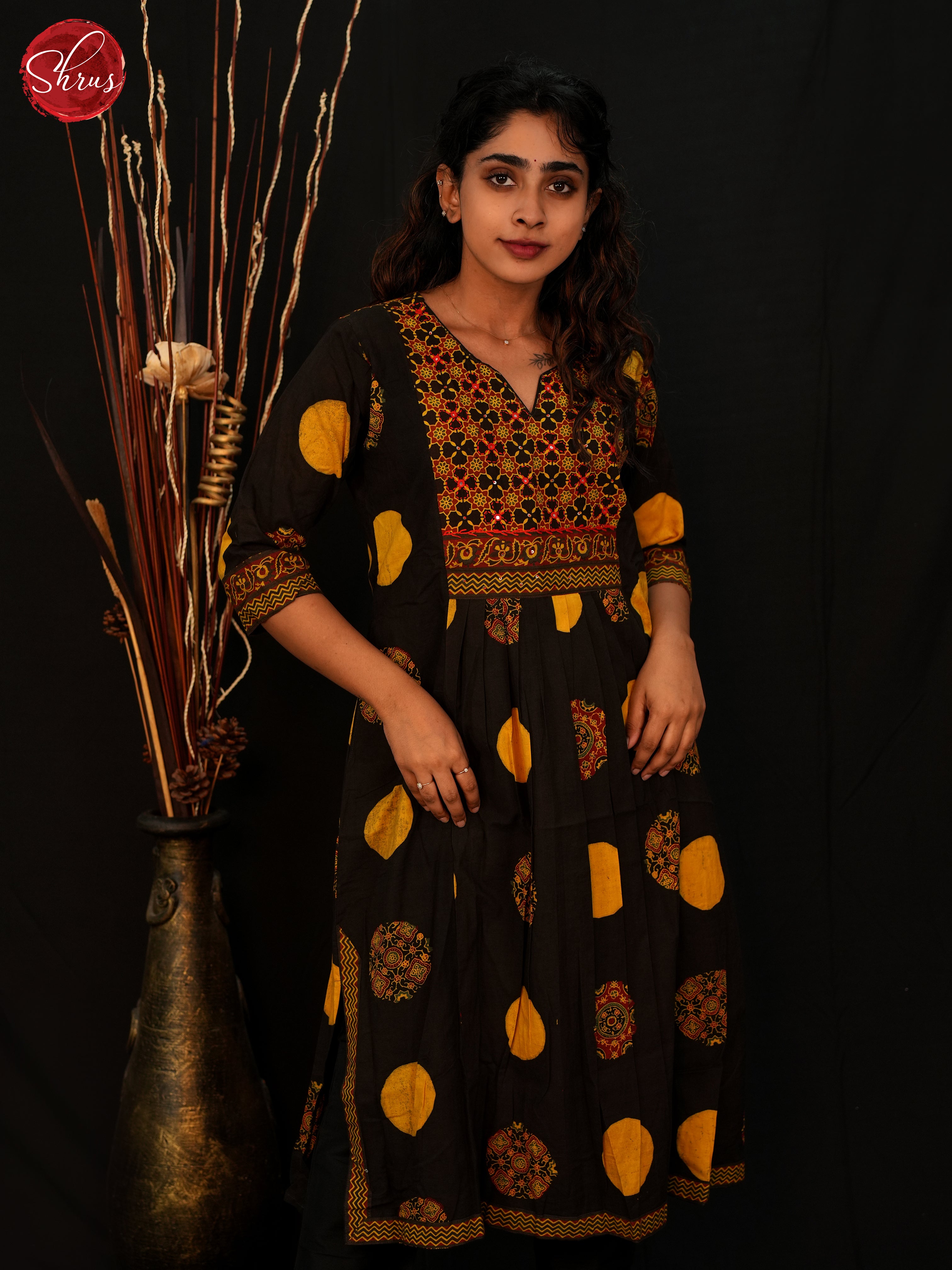 Black  & Yellow - Cotton Readymade Kurti with floral Print - Shop on ShrusEternity.com