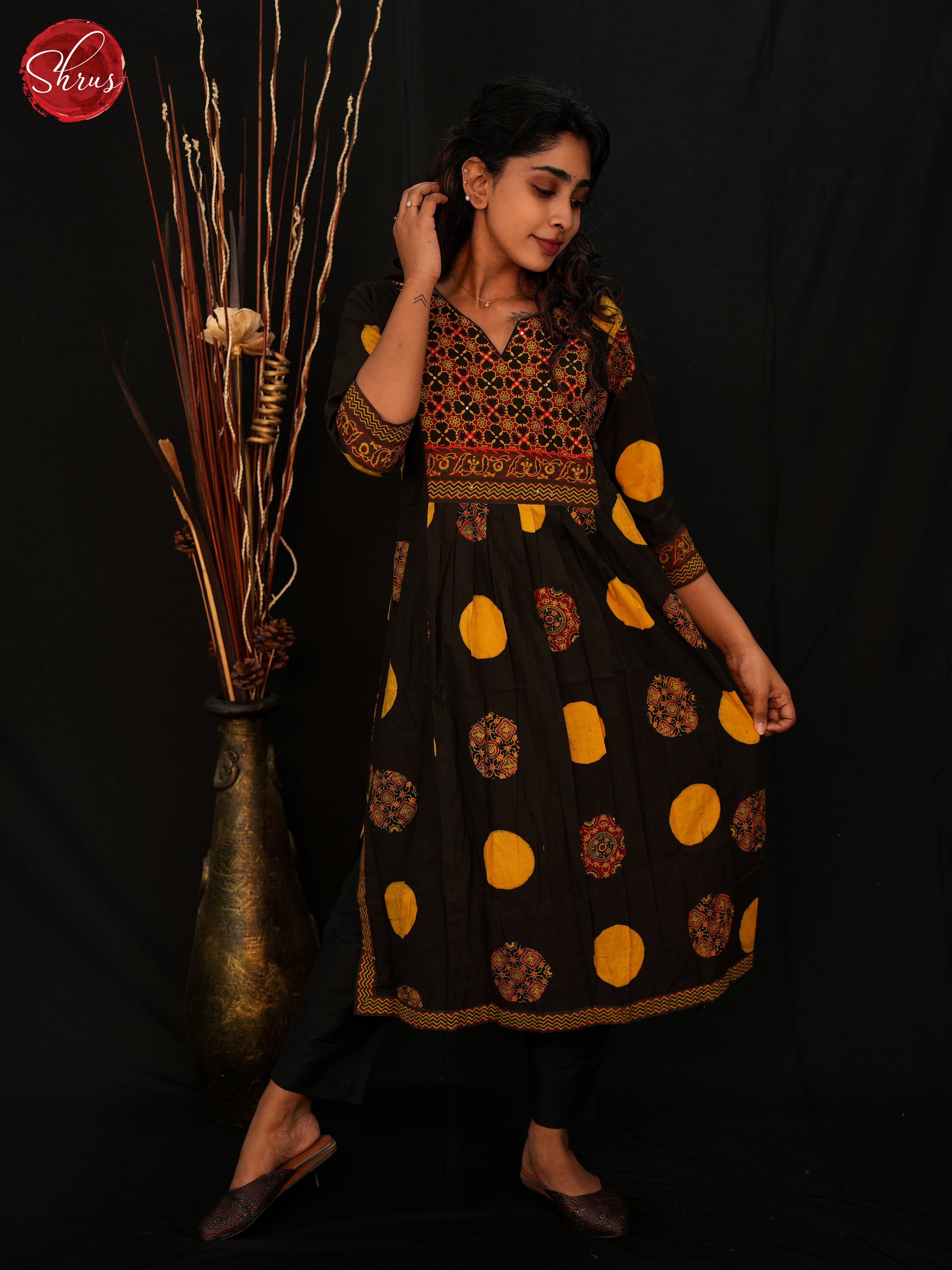 Black  & Yellow - Cotton Readymade Kurti with floral Print - Shop on ShrusEternity.com