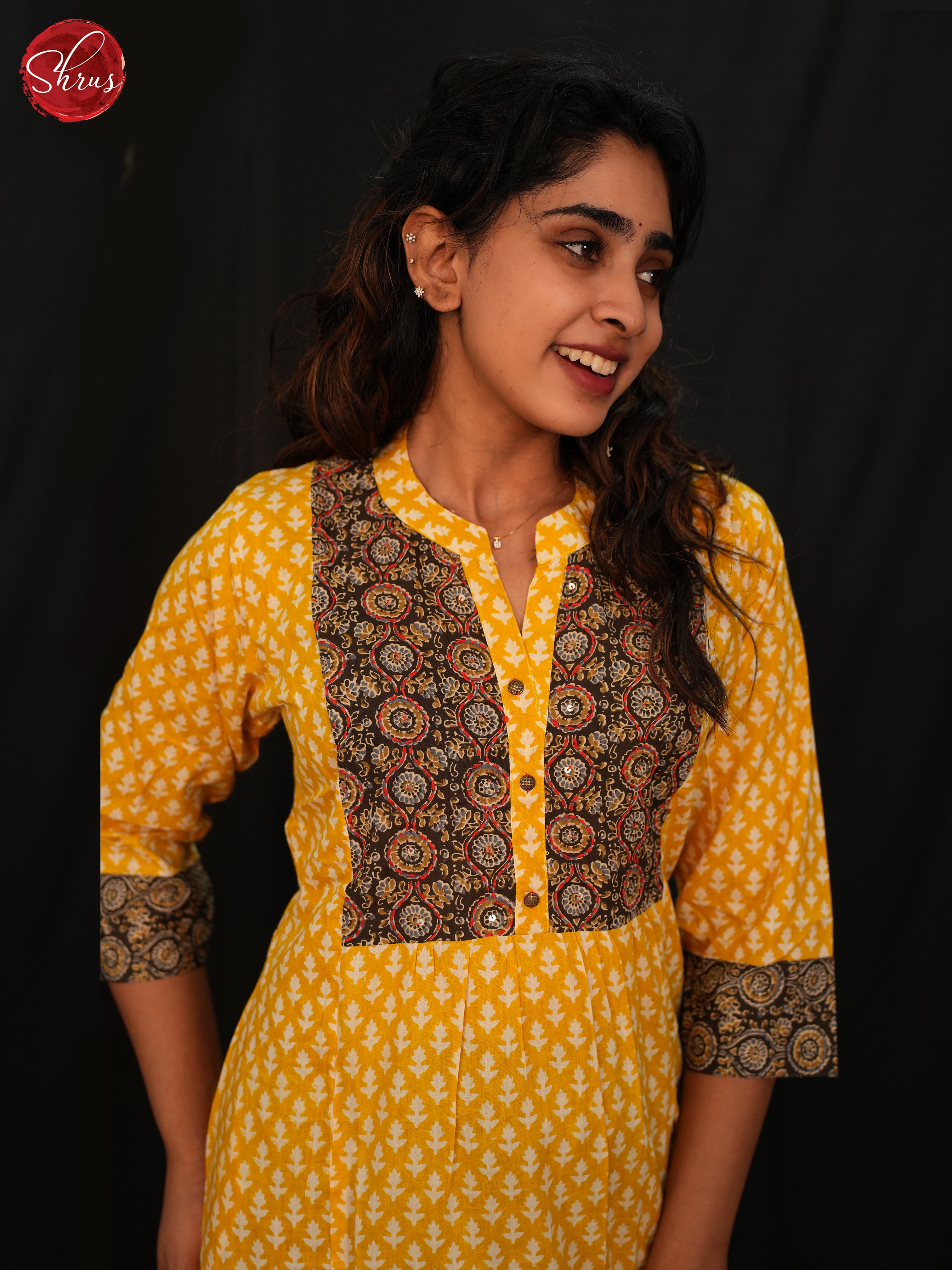 Yellow & Black - Readymade Cotton Straight Kurti with floral print - Shop on ShrusEternity.com
