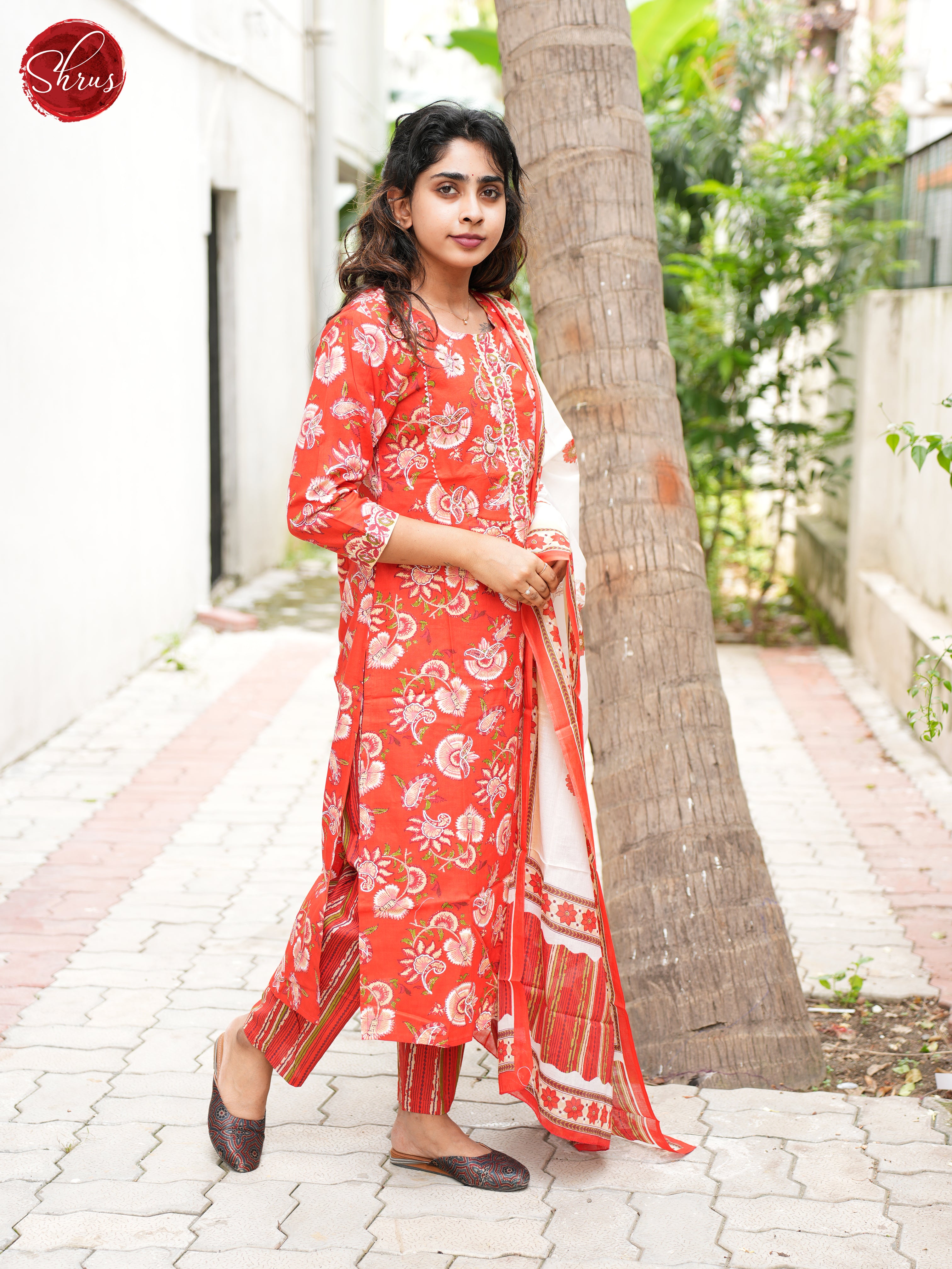 Red & White - Jaipuri Printed Cotton 3 Piece Readymade Salwar - Shop on ShrusEternity.com
