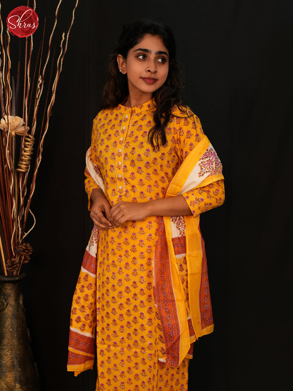 Yellow & White - Jaipuri Printed Cotton 3 Piece Readymade Salwar - Shop on ShrusEternity.com