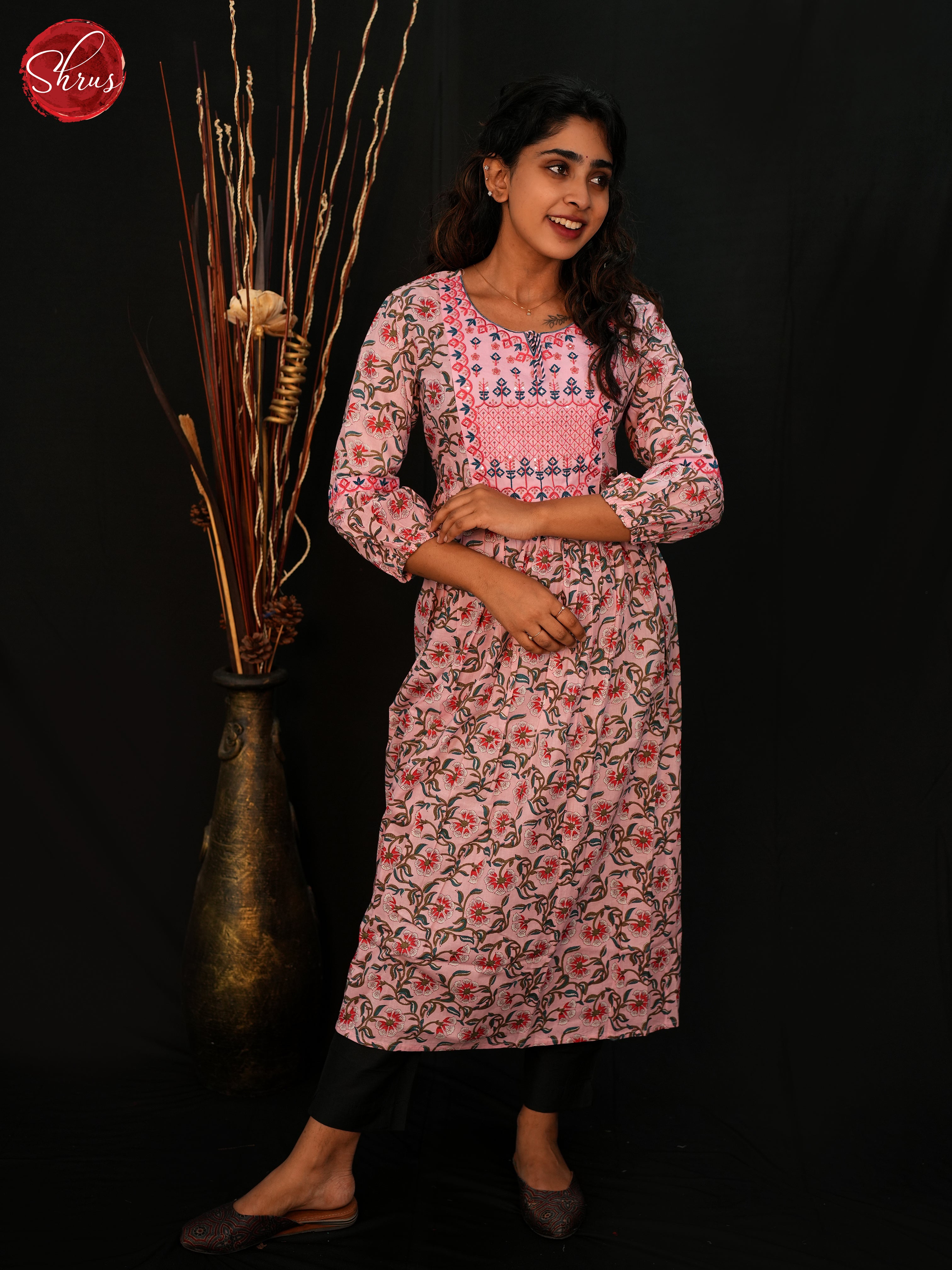 Pink- Readymade Cotton  Kurti with floral print - Shop on ShrusEternity.com