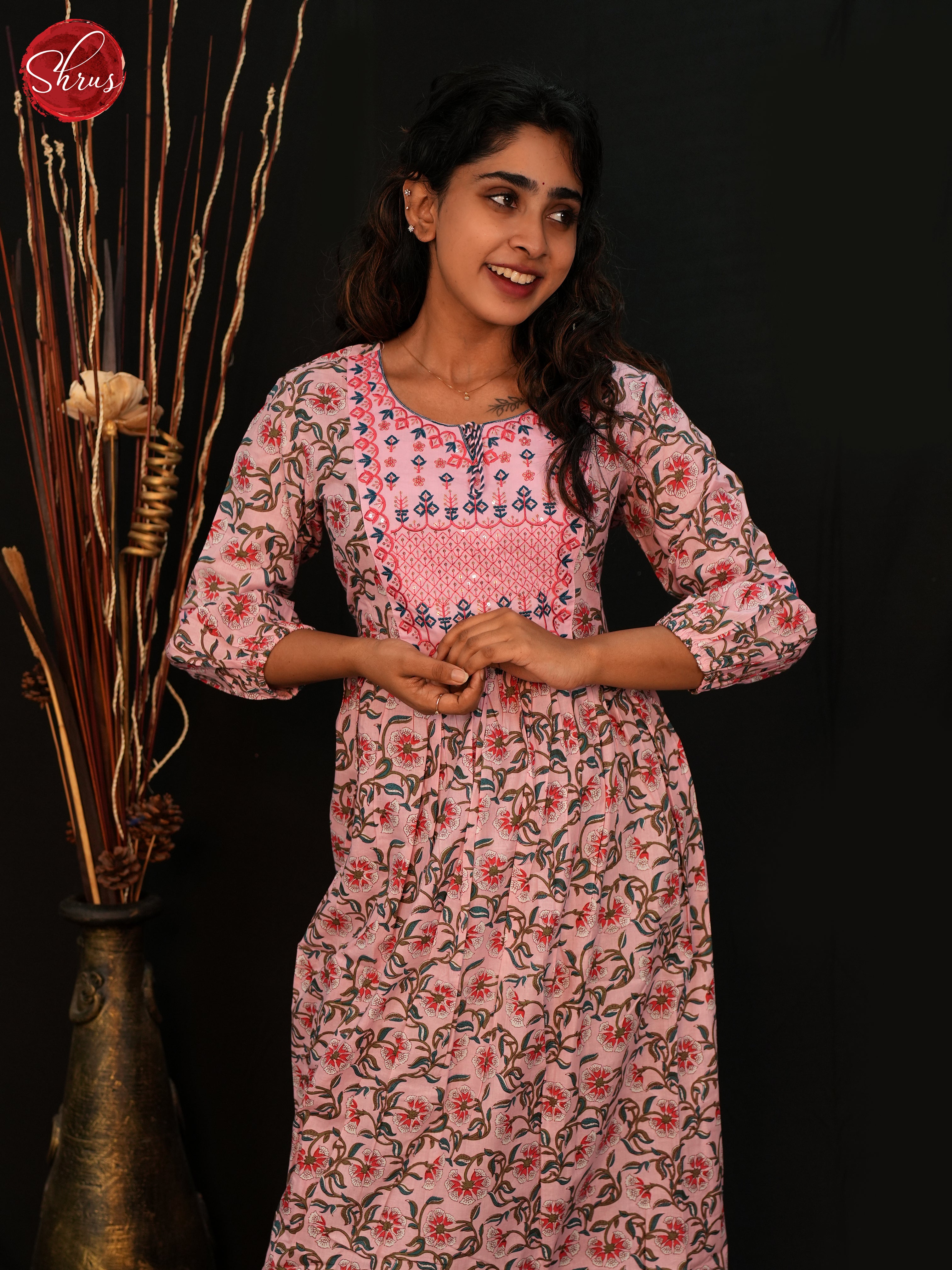 Pink- Readymade Cotton  Kurti with floral print - Shop on ShrusEternity.com
