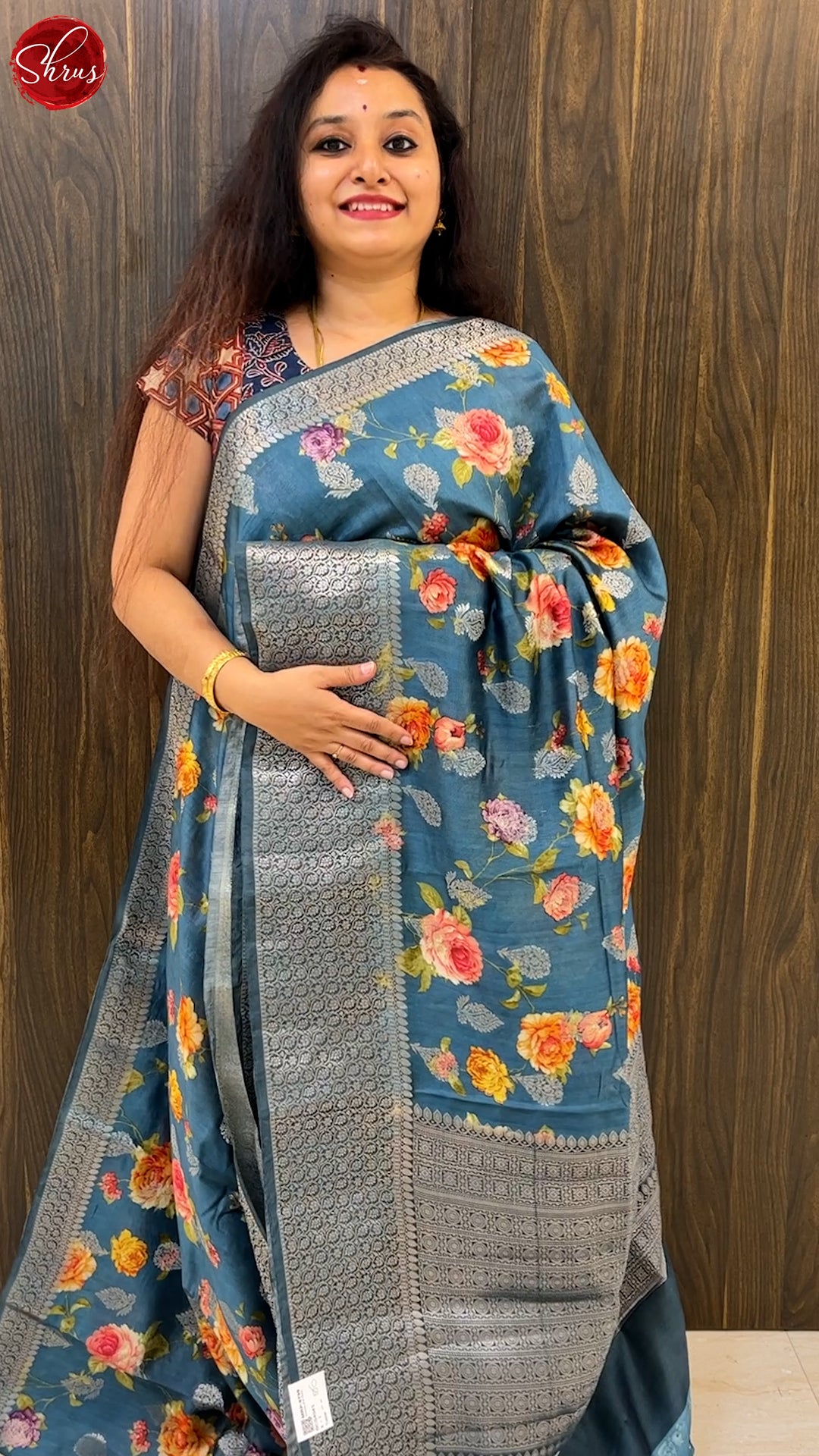 Blue(Single Tone) -Tussar with zari woven floral motifs ,floral print on the body &   Zari Border - Shop on ShrusEternity.com