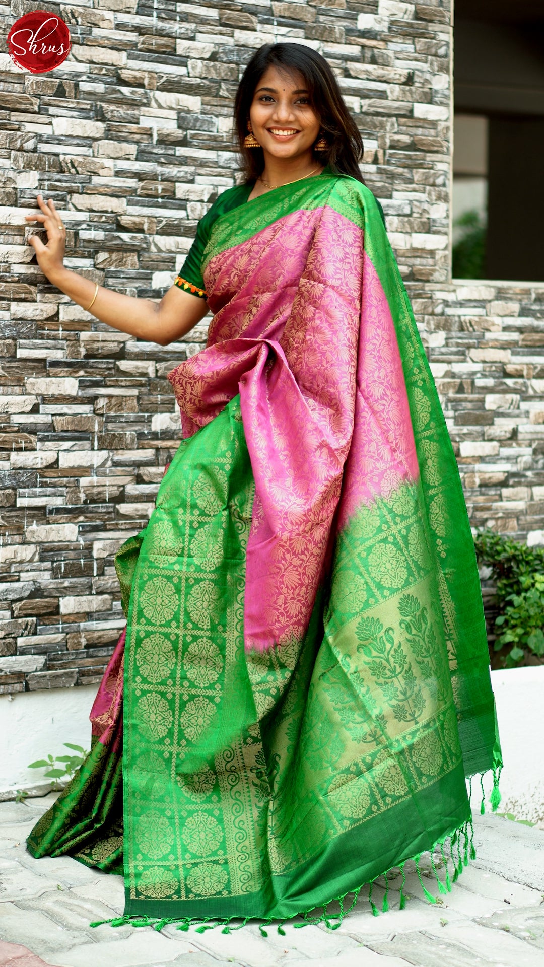 Pink & Green - Soft Silk Saree with zari woven floral  nestling brocade & Contrast  zari  border - Shop on ShrusEternity.com