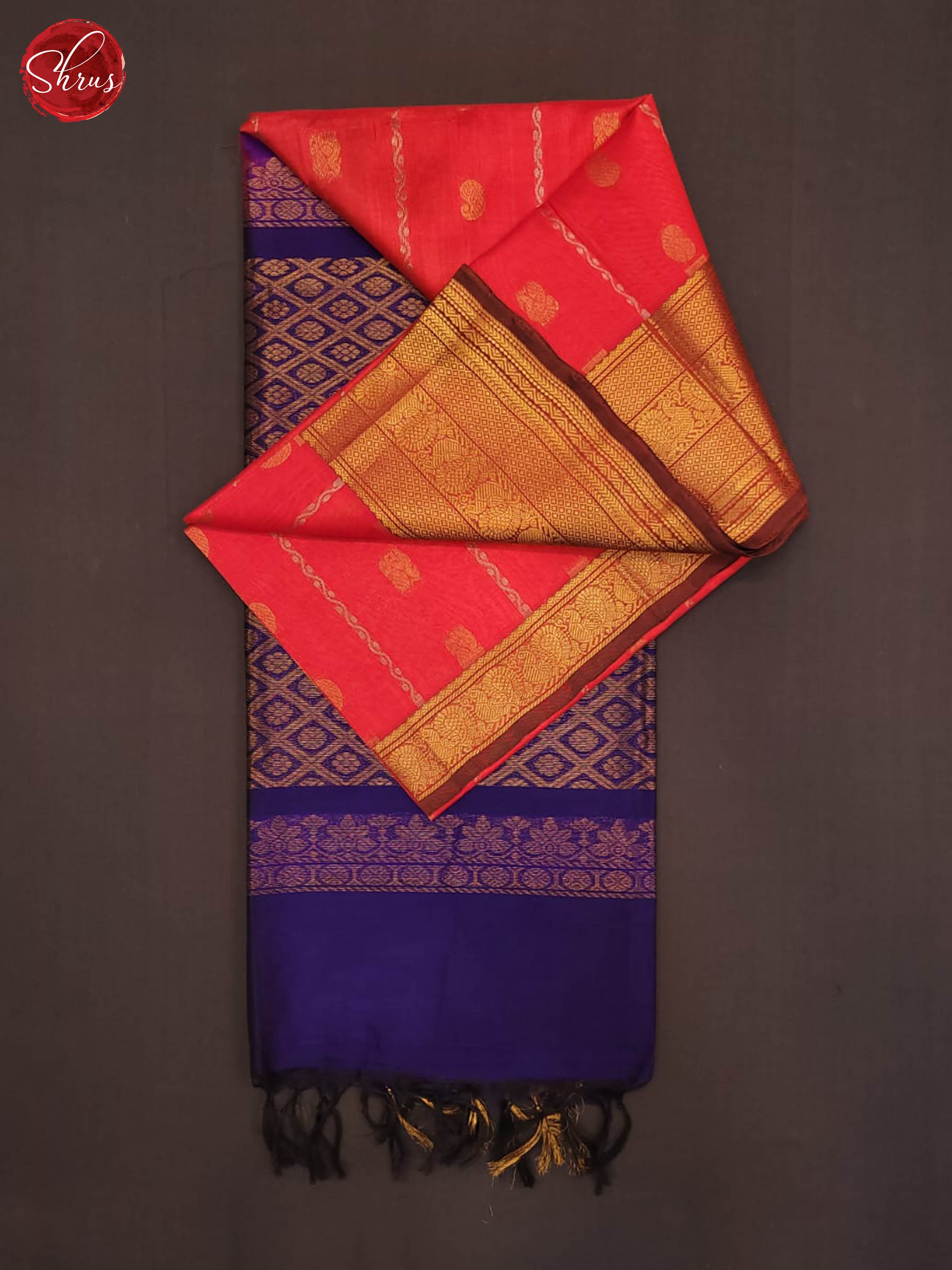 Peachish pink and violet- Silk Cotton saree - Shop on ShrusEternity.com