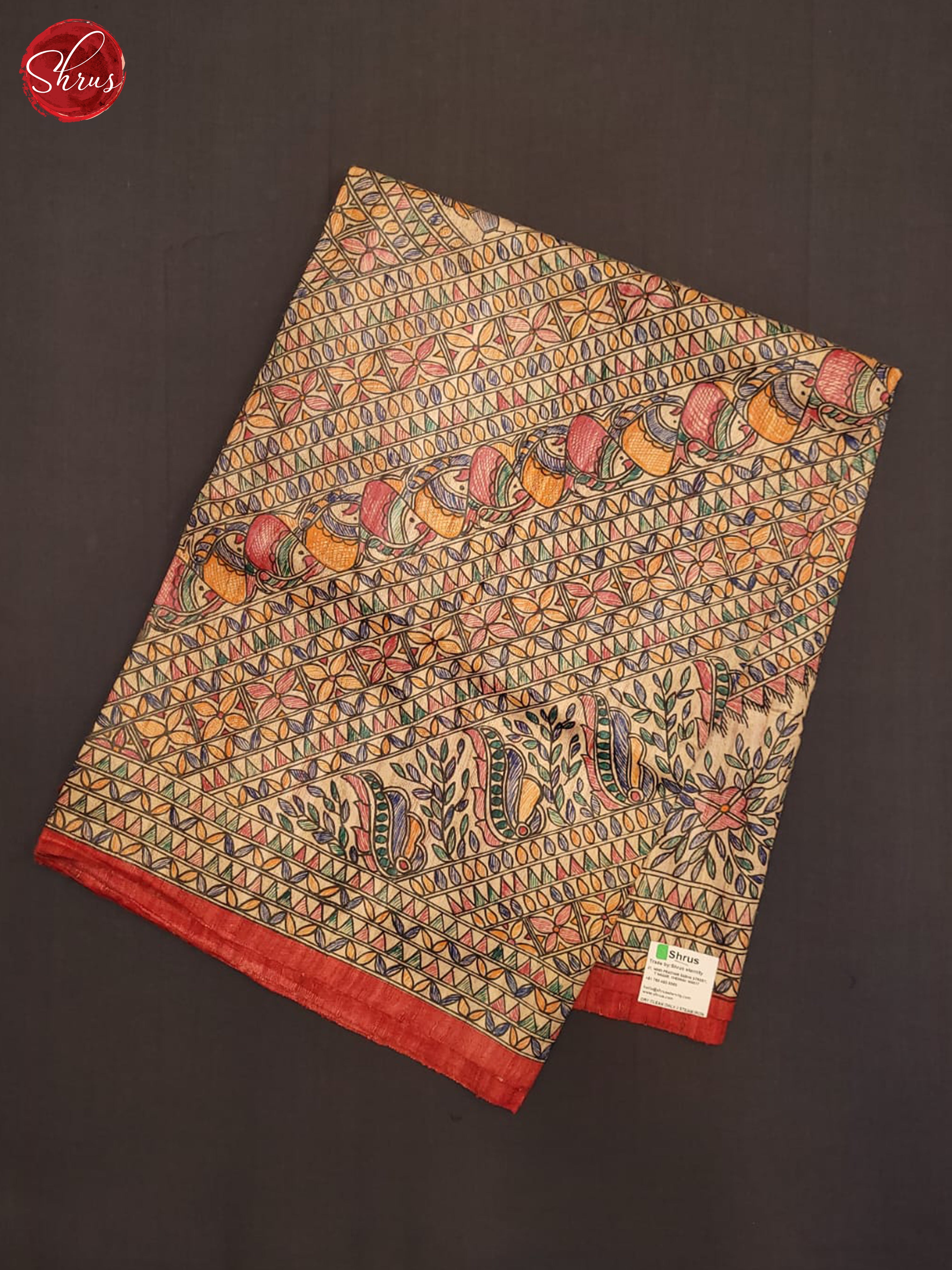 beige and Red-Tussar saree - Shop on ShrusEternity.com