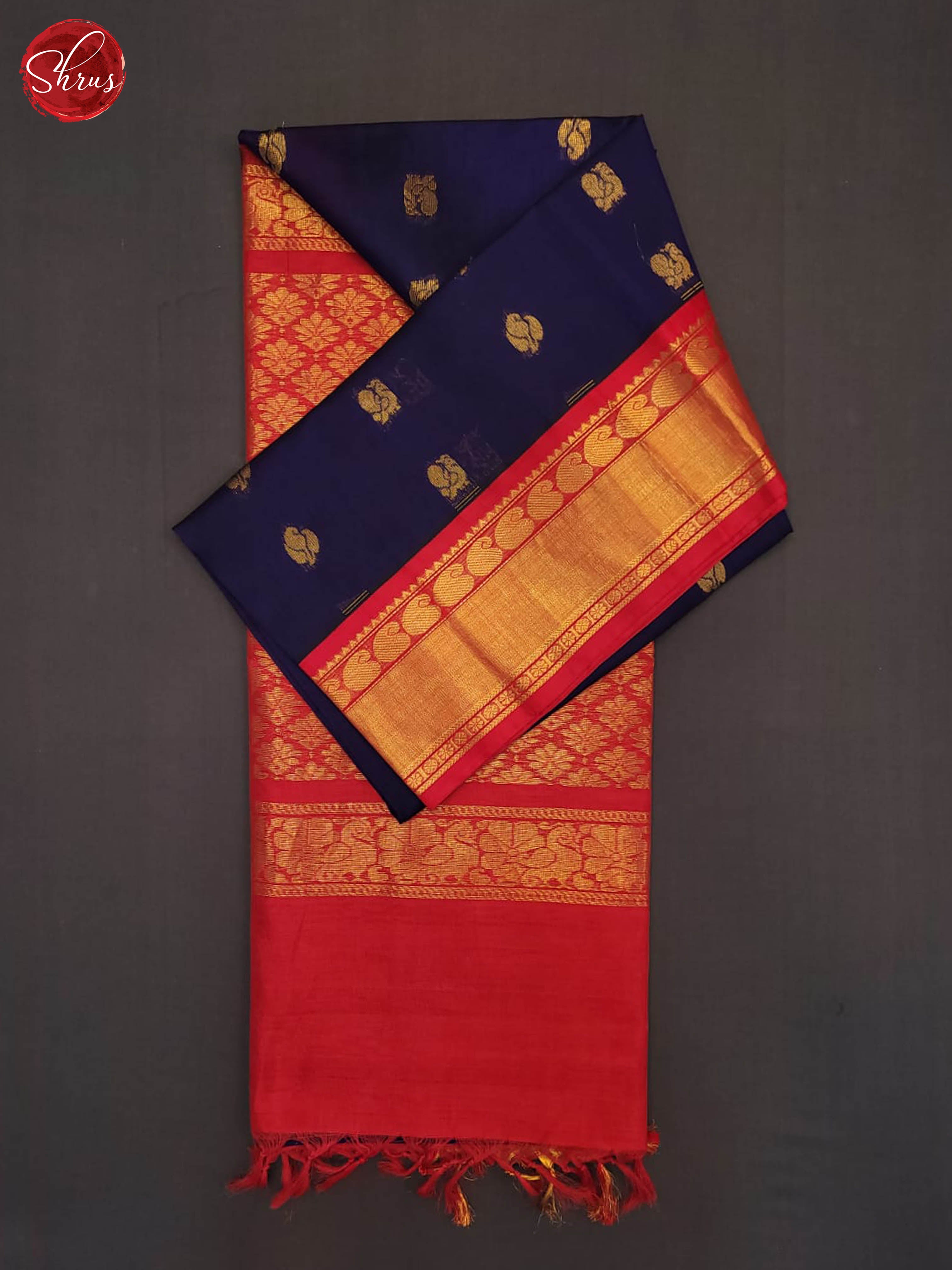 Navy blue and Red - Silk Cotton Saree - Shop on ShrusEternity.com