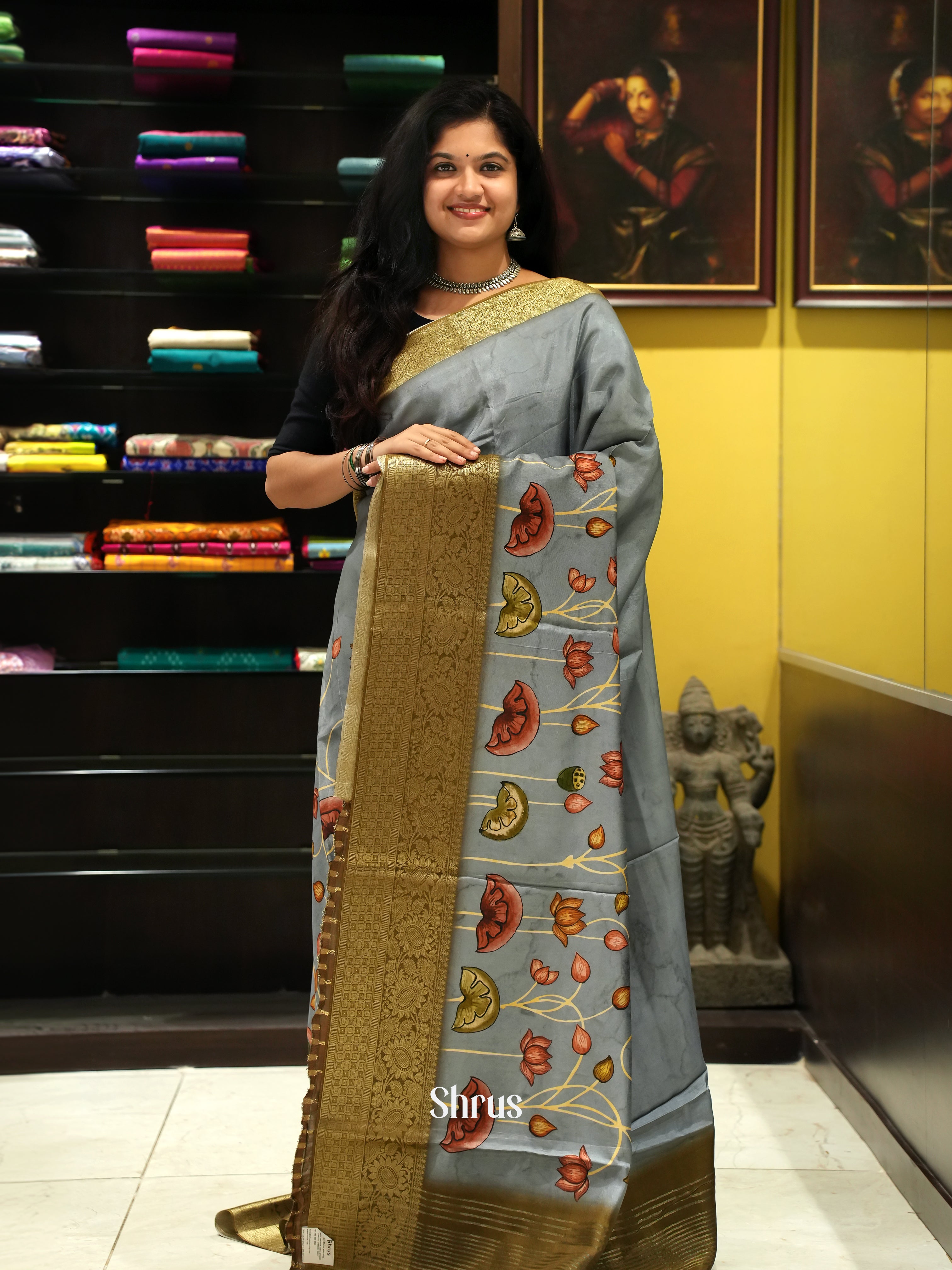 Grey & Brown - Semi Crepe Saree