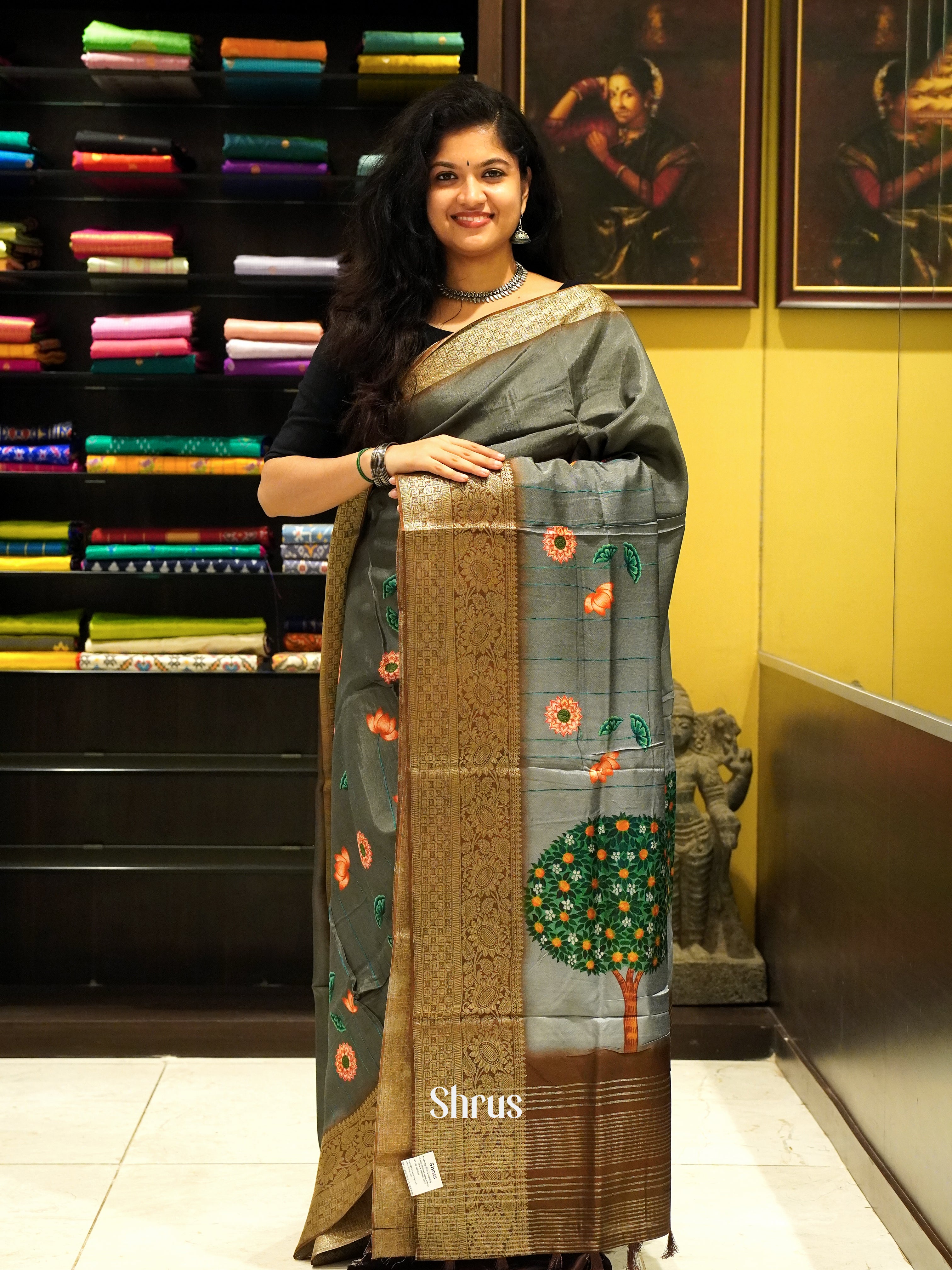 Grey & Brown - Semi crepe Saree