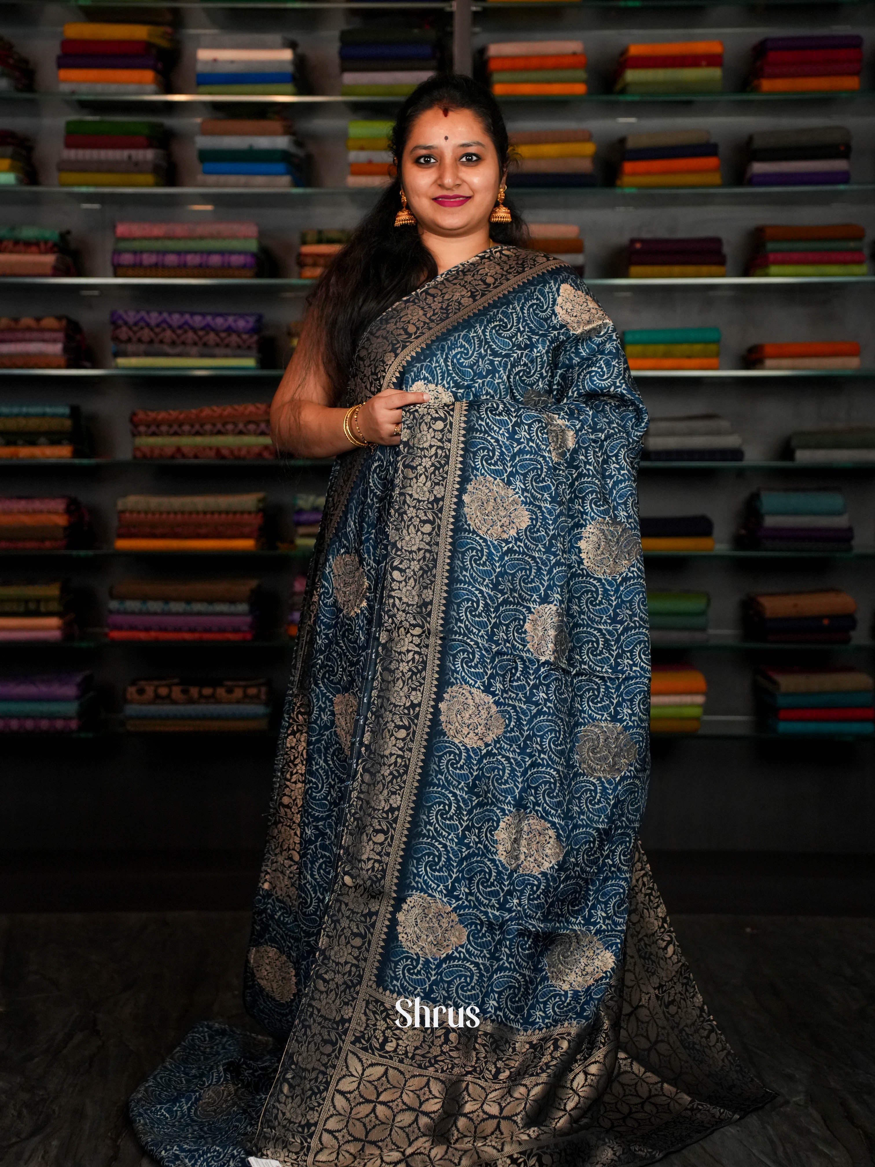 Blue & Black - Semi Crepe Saree