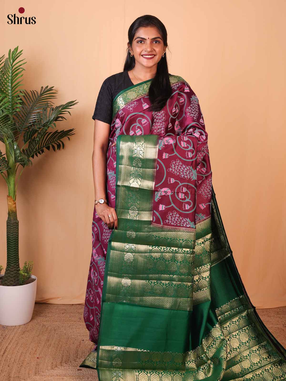 Wine And Green- Tussar Saree