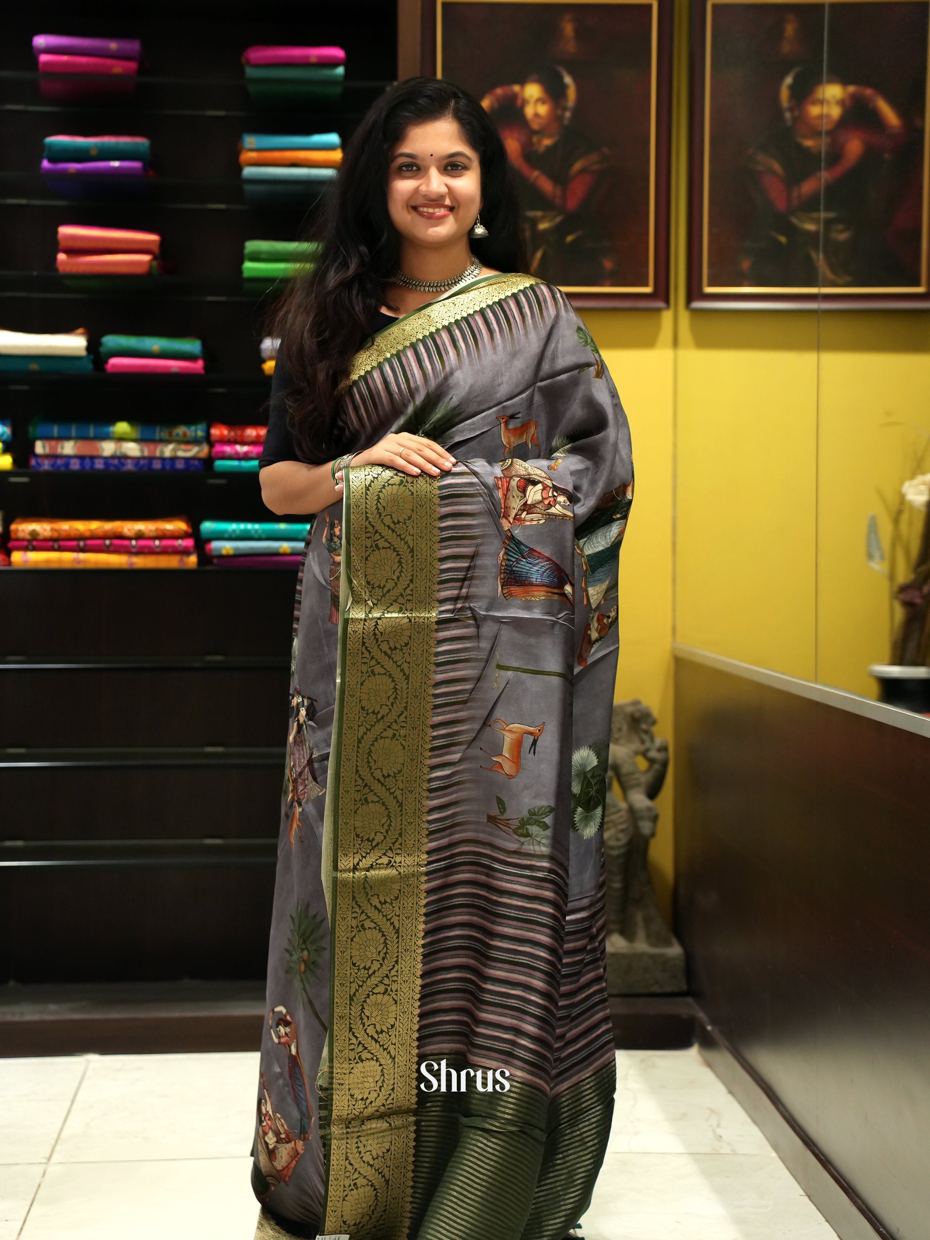 Grey & Green - Semi Crepe Saree