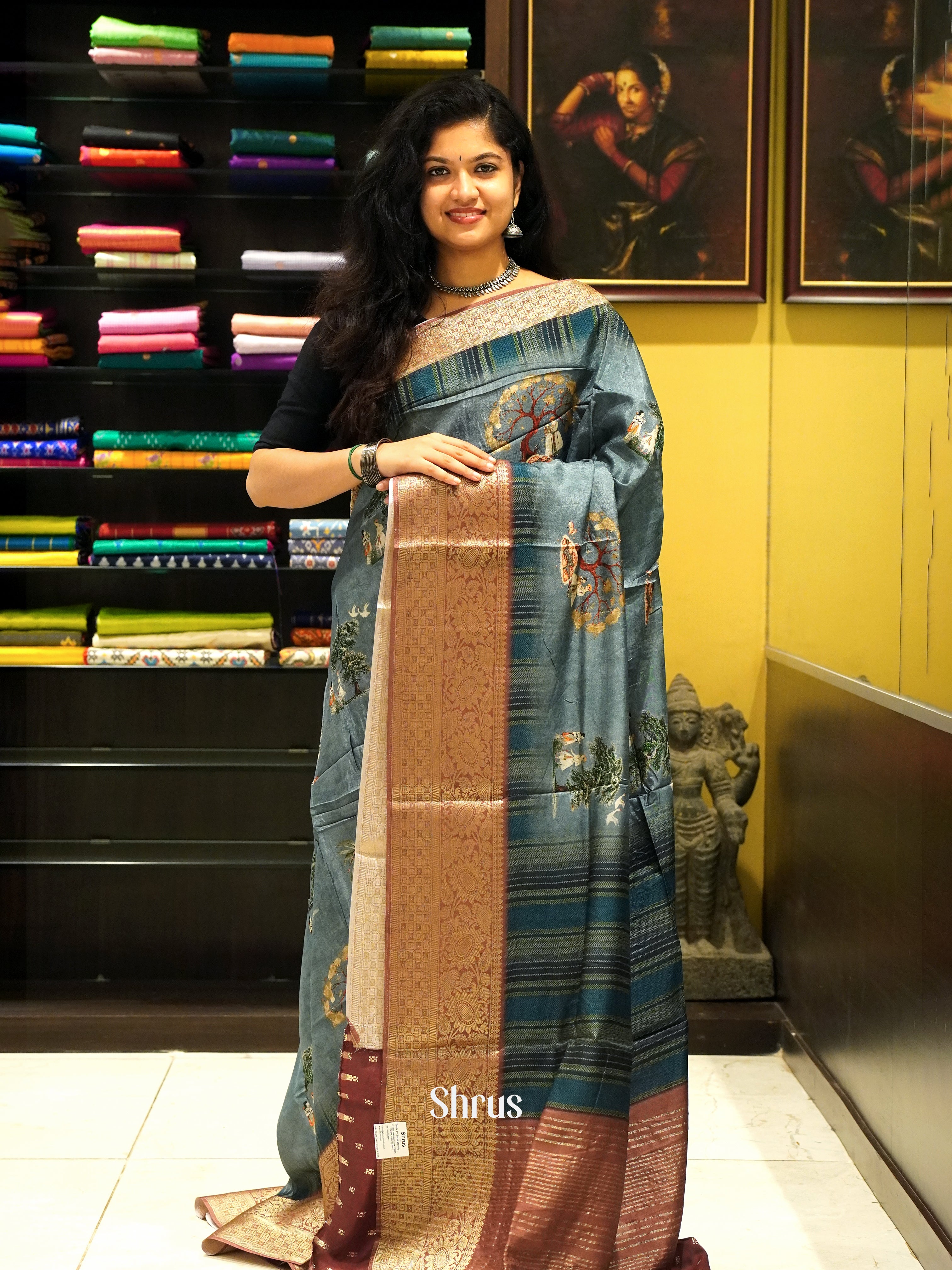 Blue & Brown - Semi Crepe Saree