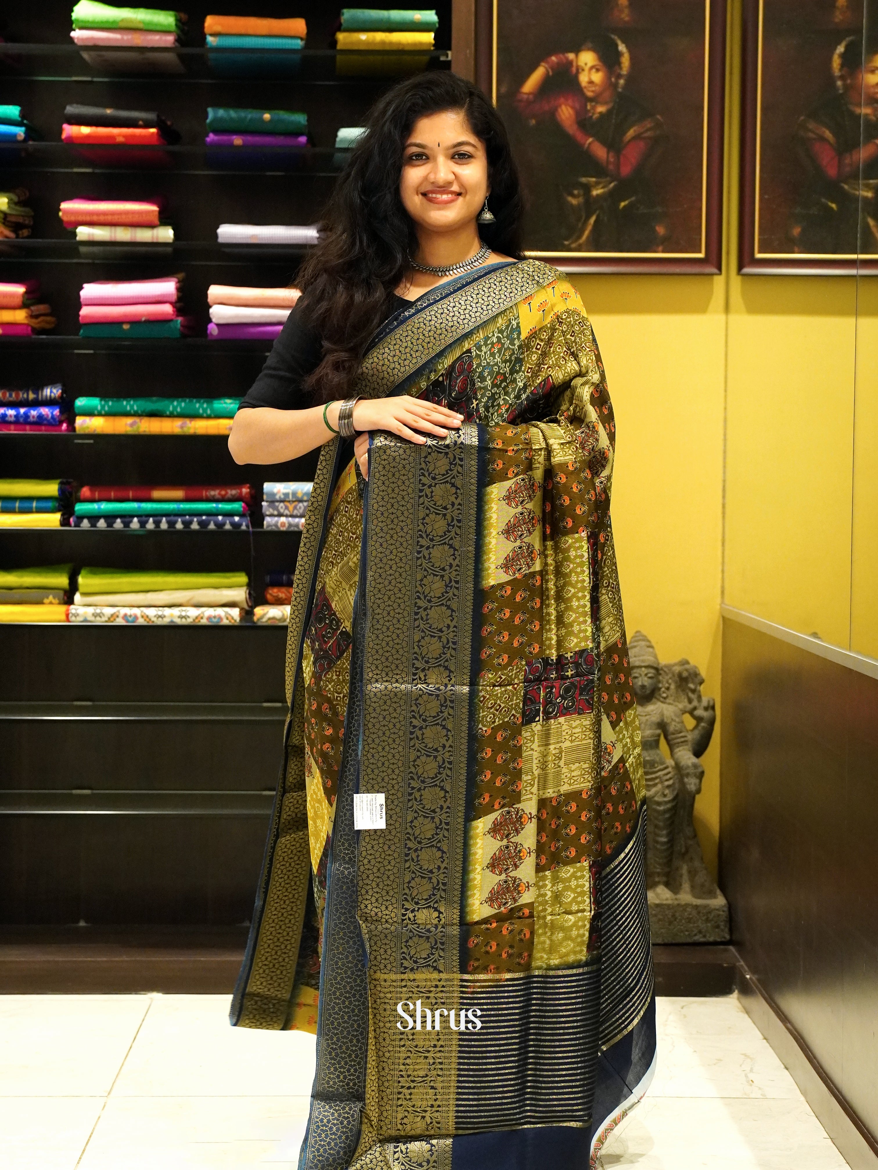 Mustard & Blue  - Semi Crepe Saree