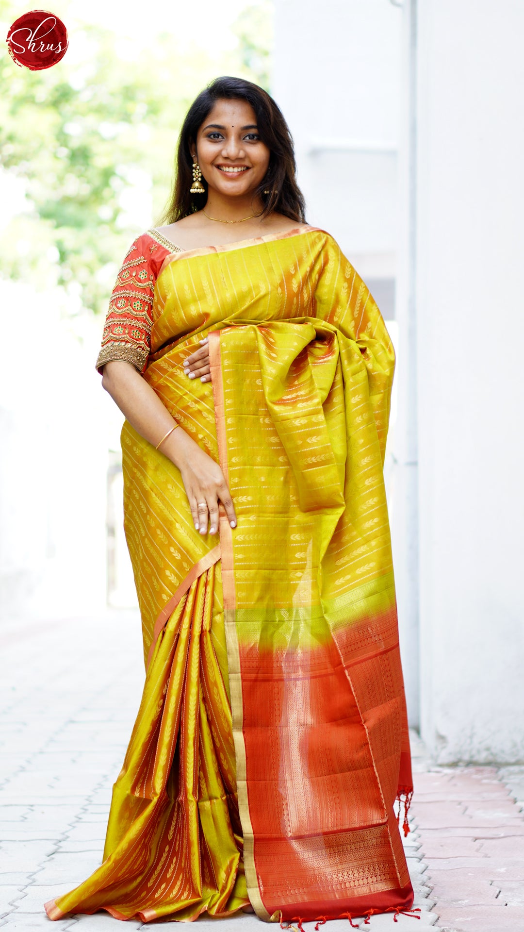 Mathulir Green and Reddish Orange - Soft SIlk (Half- Pure) Saree - Shop on ShrusEternity.com
