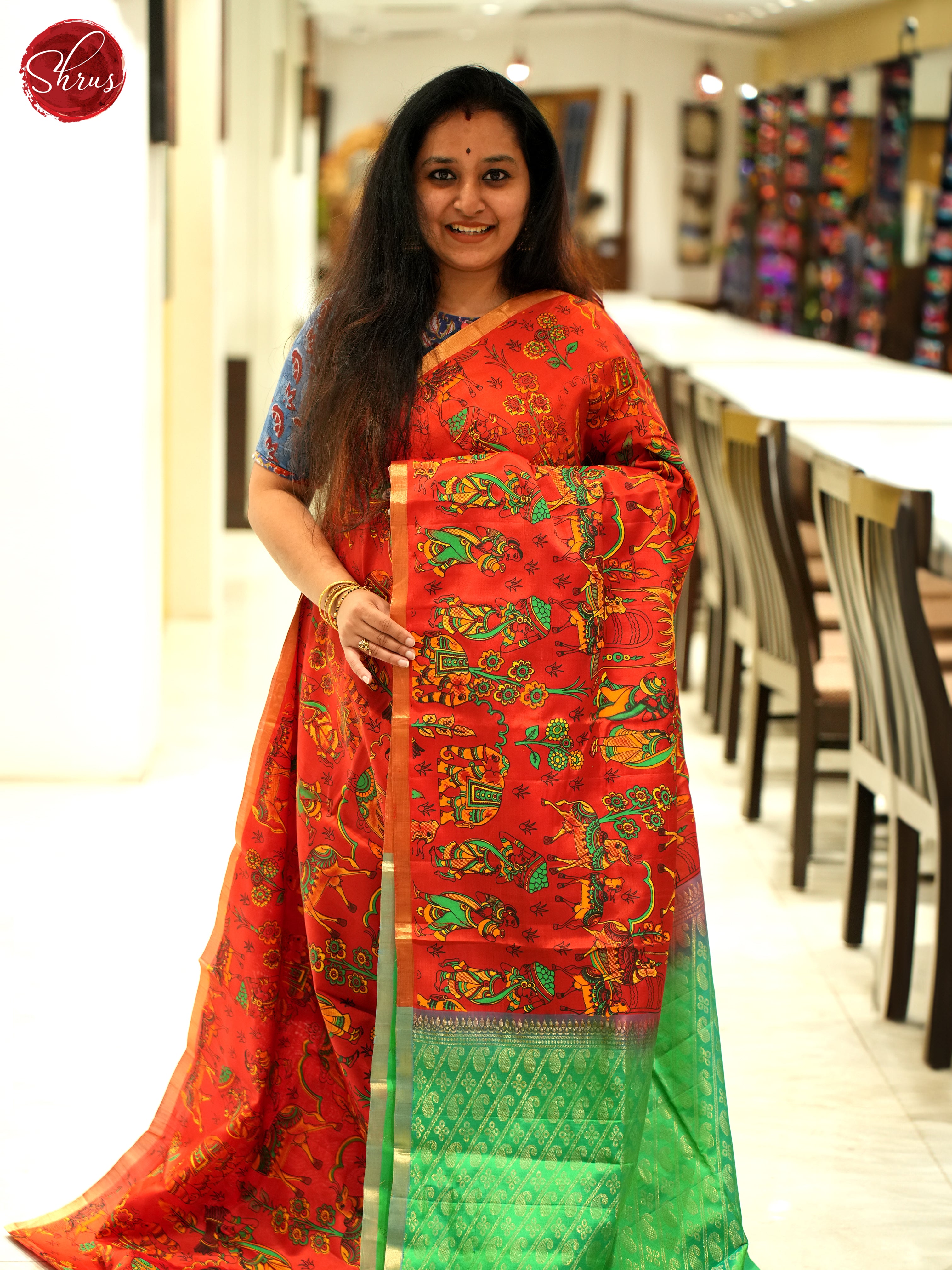 Red & Green- Silk(Half-pure)Saree - Shop on ShrusEternity.com