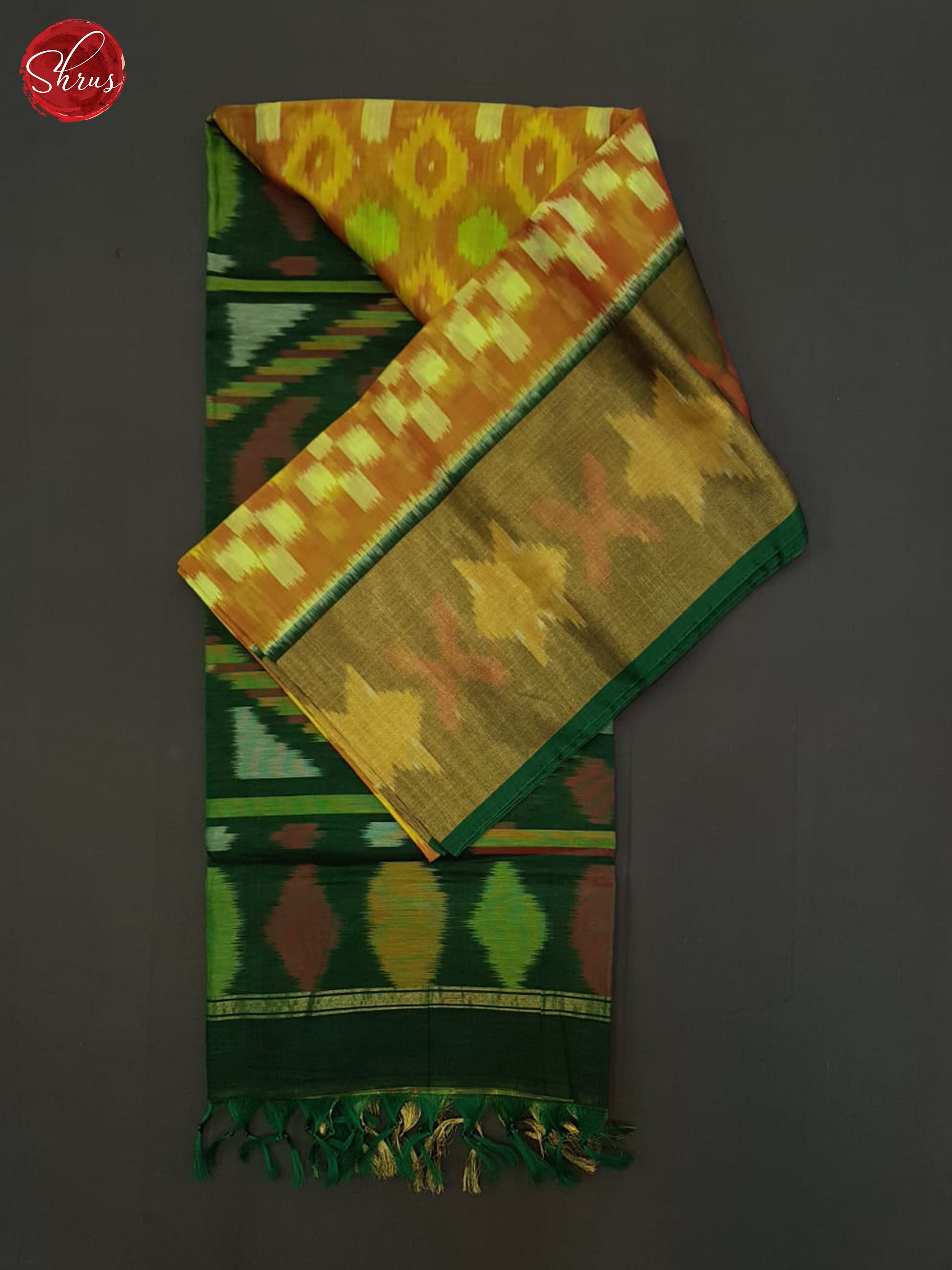 Orangish Yellow And Green- Pochampally Silk Cotton Saree - Shop on ShrusEternity.com