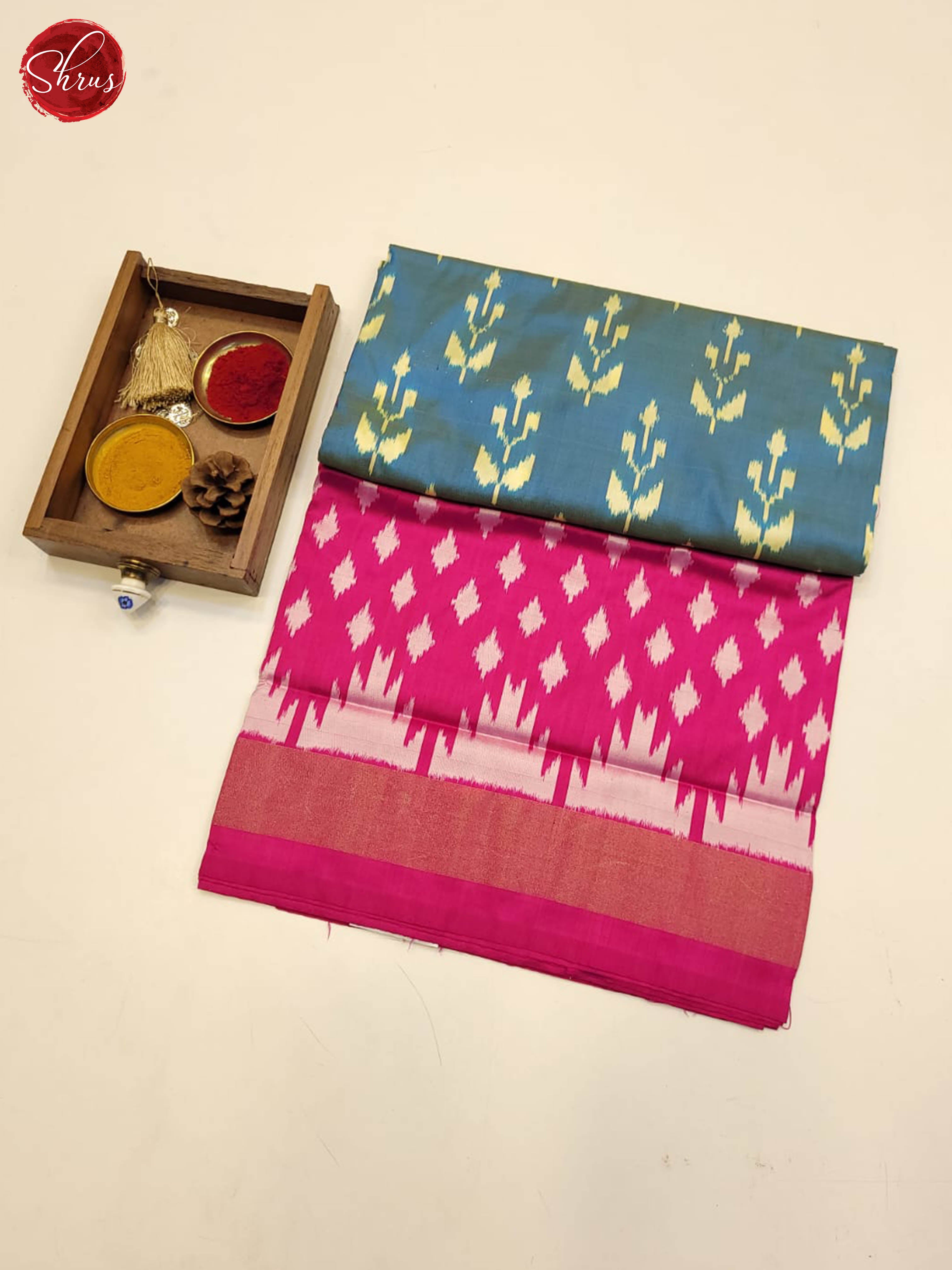 dusty blue and pink- Ikkat Silk Saree - Shop on ShrusEternity.com